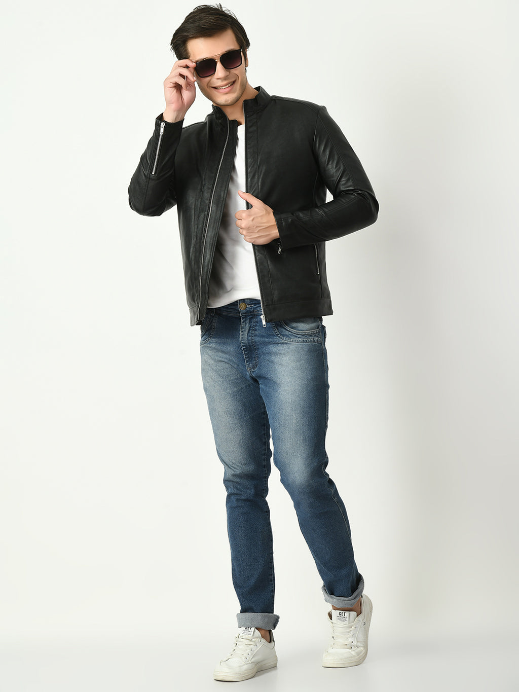 Mandarin Collar Water Resistant Lightweight Leather Biker Black Jacket For Men