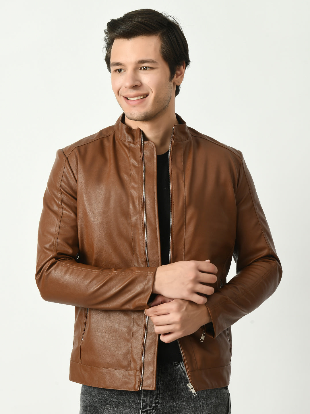 Mandarin Collar Water Resistant Lightweight Leather Biker Tan Jacket For Men