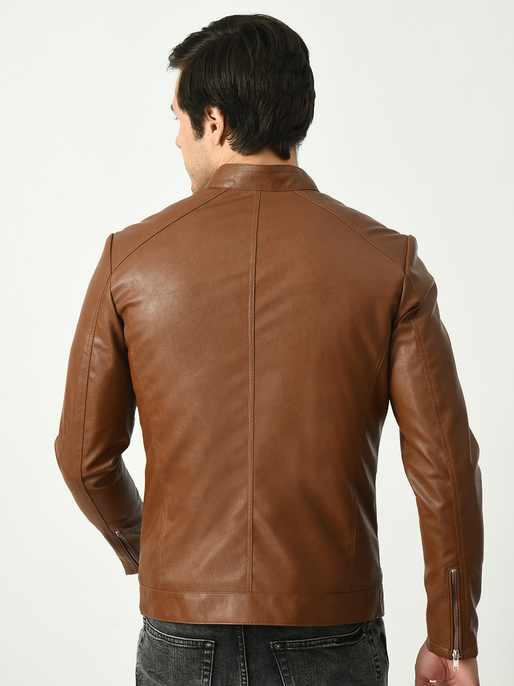 Mandarin Collar Water Resistant Lightweight Leather Biker Tan Jacket For Men