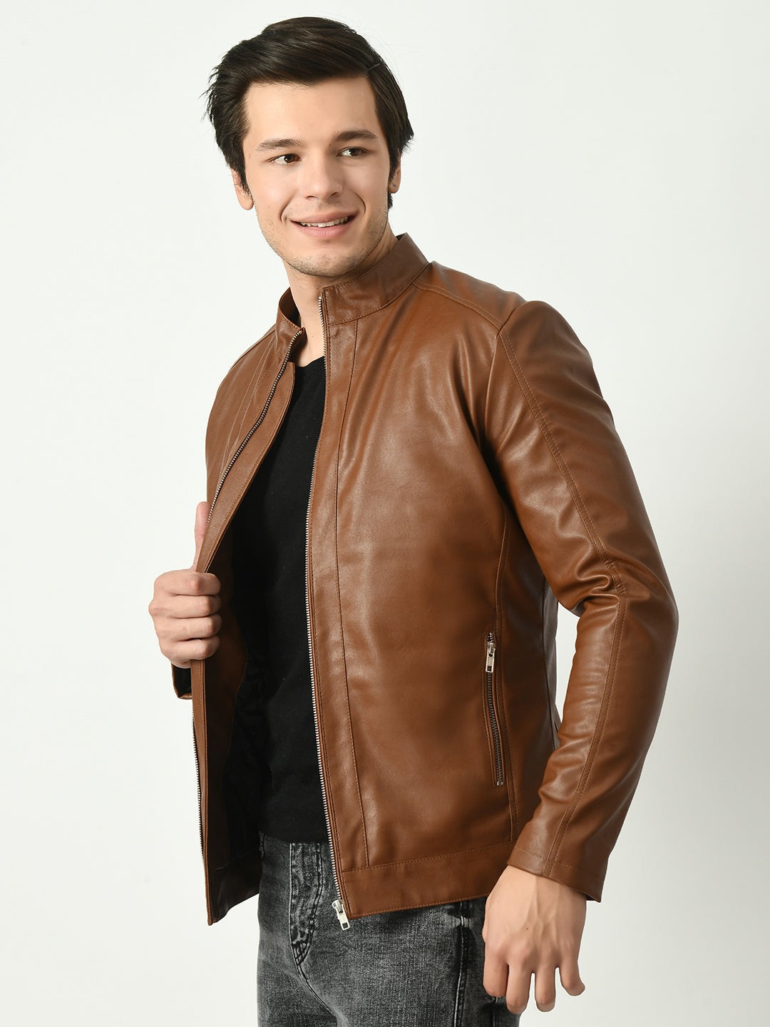 Mandarin Collar Water Resistant Lightweight Leather Biker Tan Jacket For Men