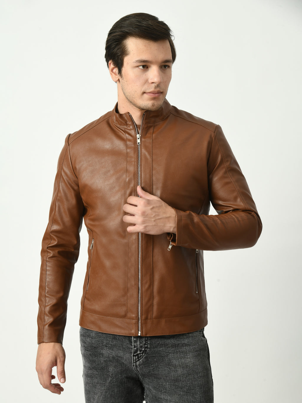 Mandarin Collar Water Resistant Lightweight Leather Biker Tan Jacket For Men