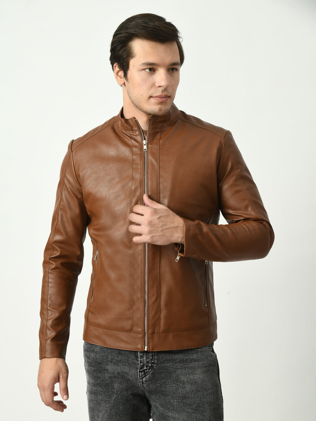 Mandarin Collar Water Resistant Lightweight Leather Biker Tan Jacket For Men