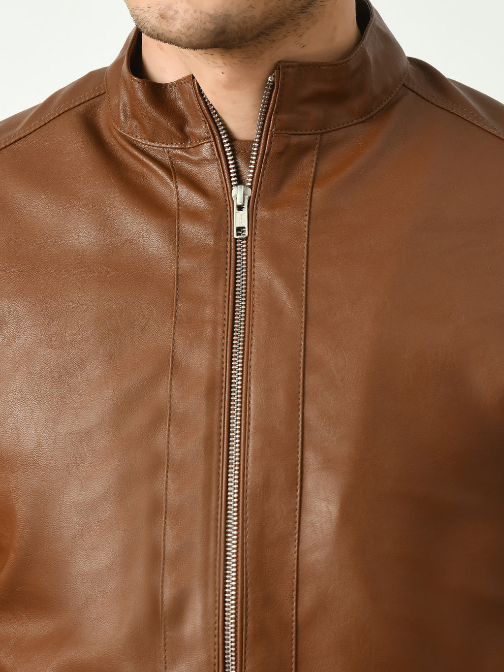 Mandarin Collar Water Resistant Lightweight Leather Biker Tan Jacket For Men