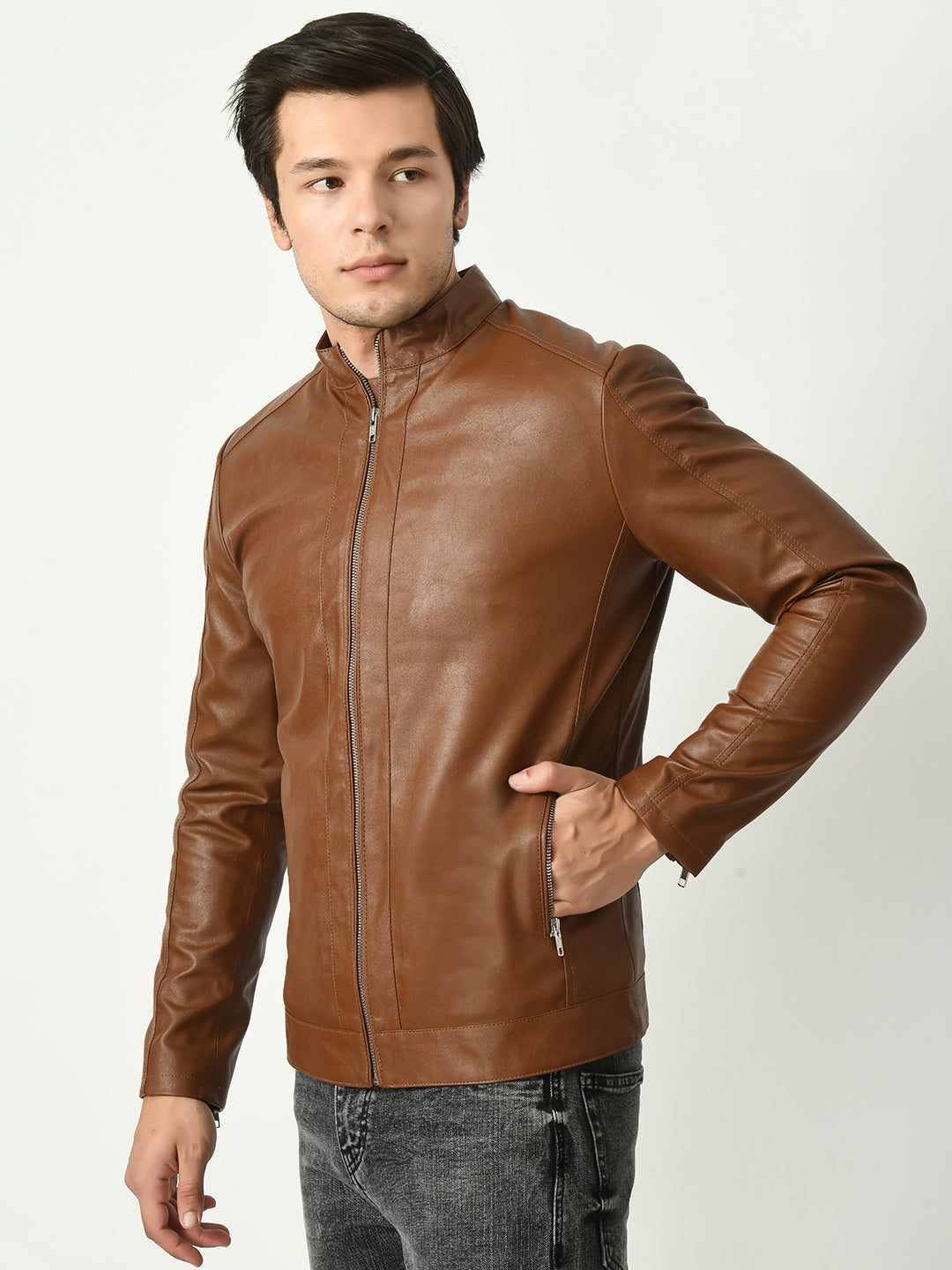 Mandarin Collar Water Resistant Lightweight Leather Biker Tan Jacket For Men