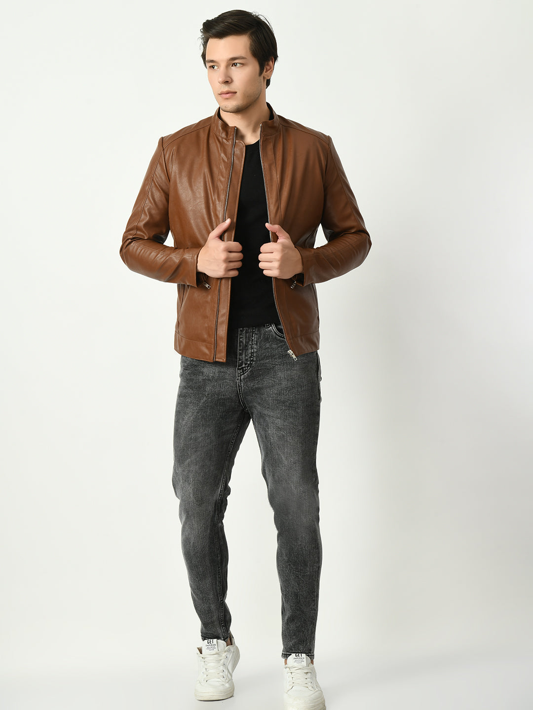 Mandarin Collar Water Resistant Lightweight Leather Biker Tan Jacket For Men