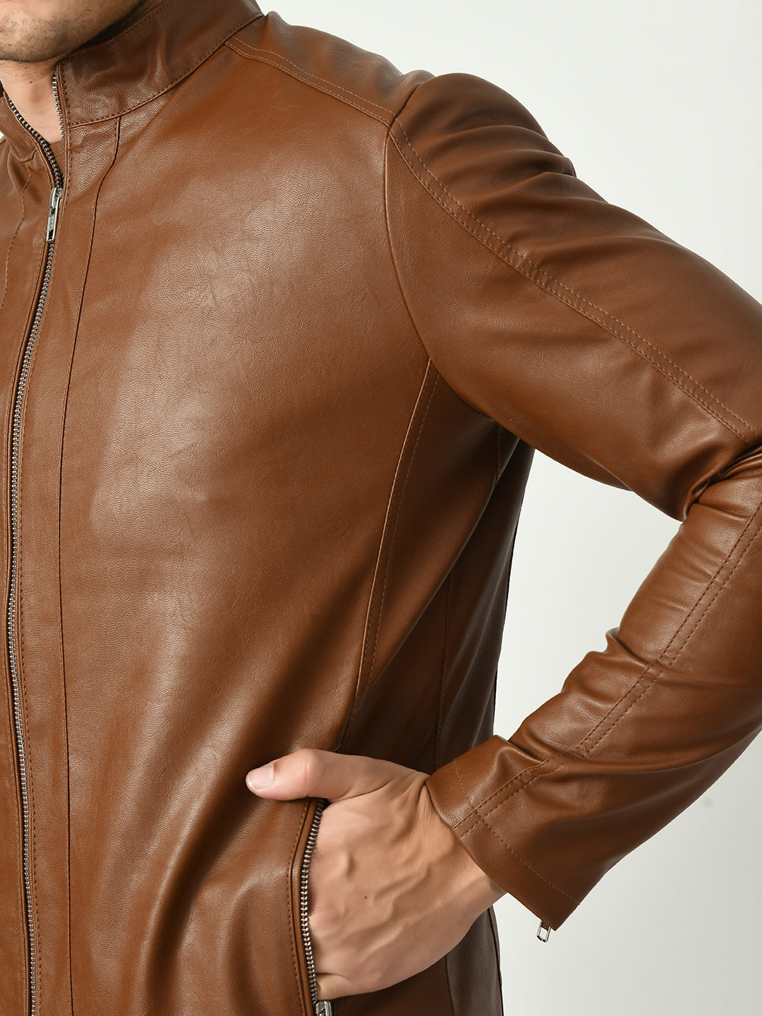 Mandarin Collar Water Resistant Lightweight Leather Biker Tan Jacket For Men