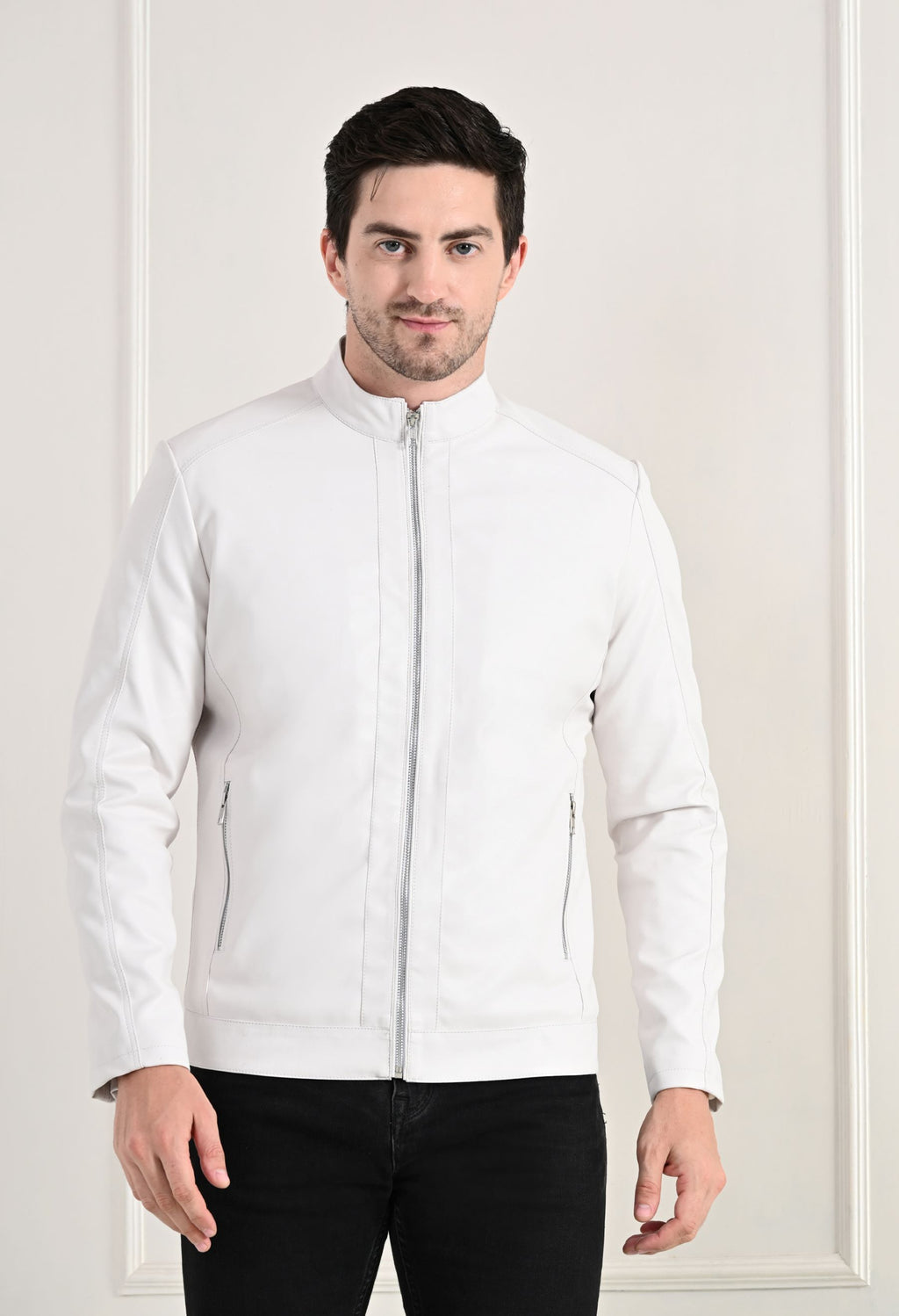 Stand Collar Long Sleeves Classic Look Lightweight White Leather Jacket
