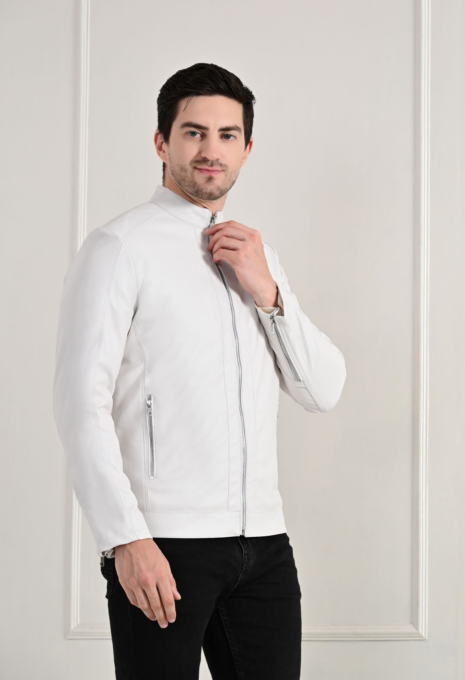 Stand Collar Long Sleeves Classic Look Lightweight White Leather Jacket
