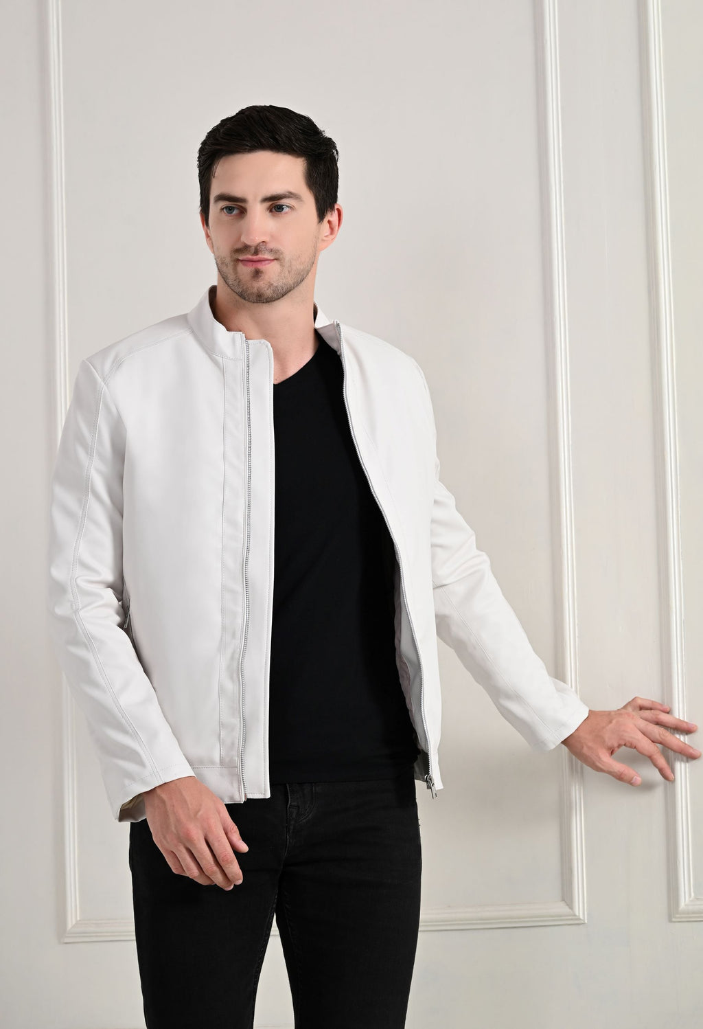 Stand Collar Long Sleeves Classic Look Lightweight White Leather Jacket