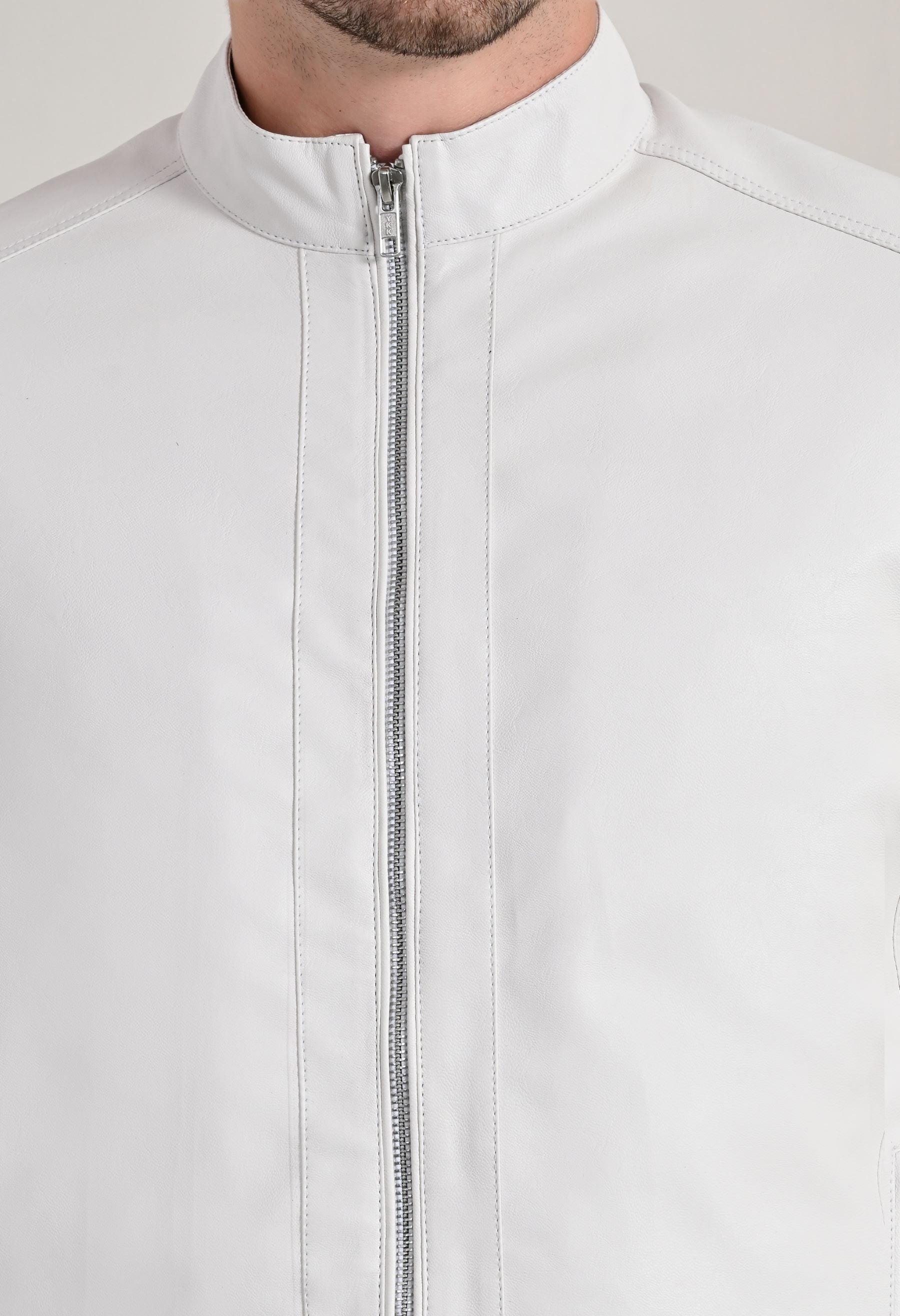 Stand Collar Long Sleeves Classic Look Lightweight White Leather Jacket