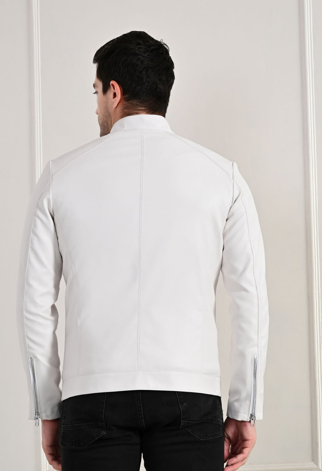 Stand Collar Long Sleeves Classic Look Lightweight White Leather Jacket