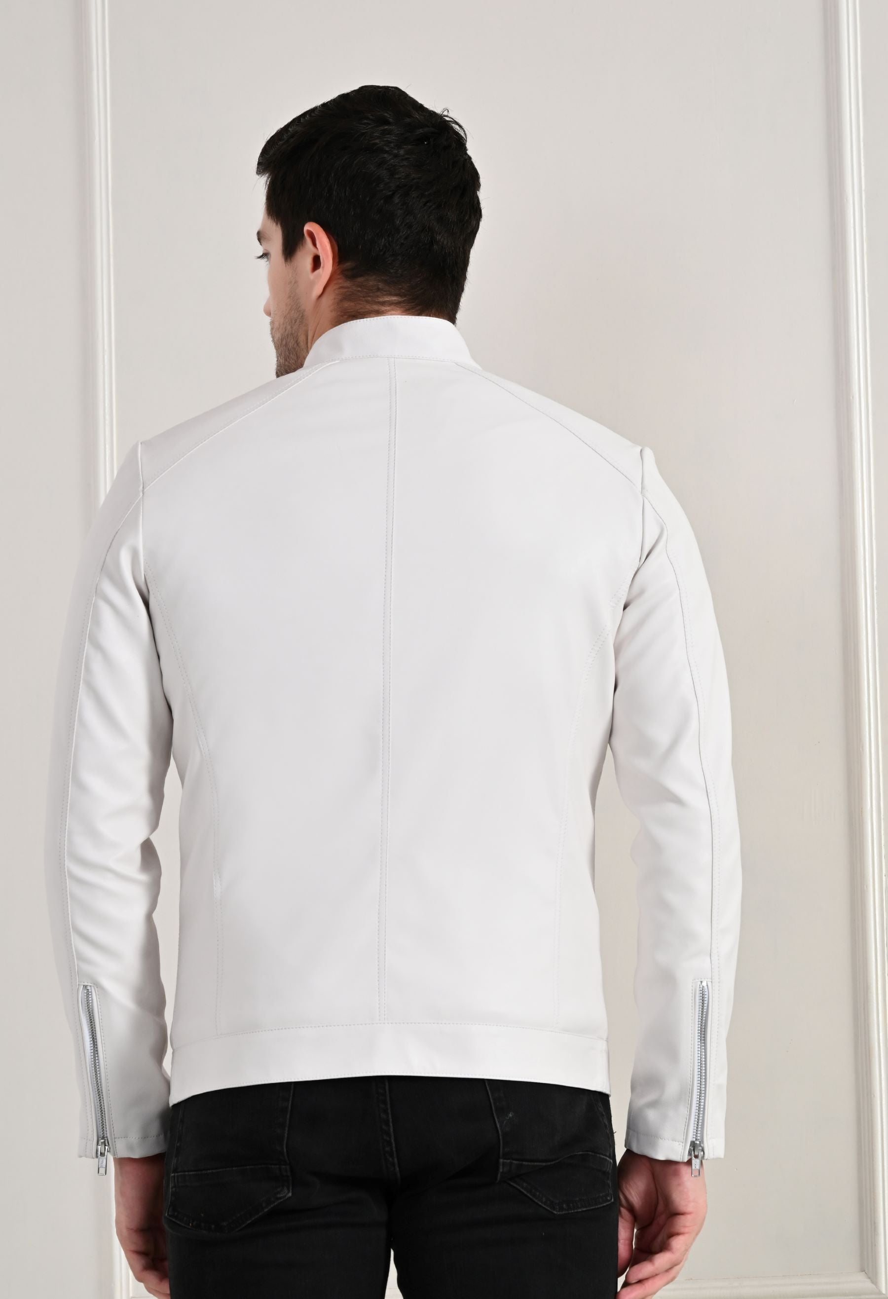 Stand Collar Long Sleeves Classic Look Lightweight White Leather Jacket