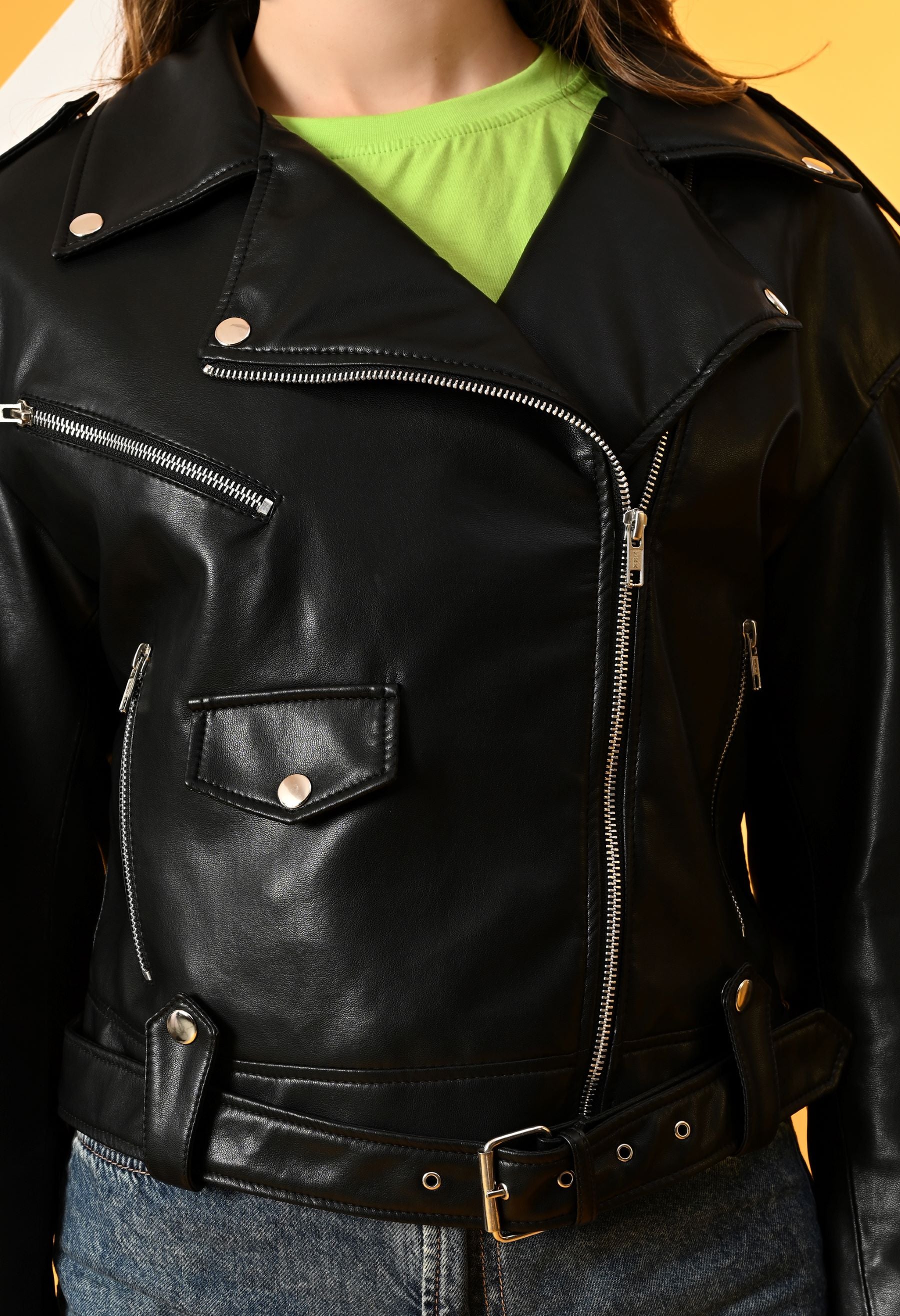 Washed Leather Water Resistant Crop Outdoor Black Tailored Jacket