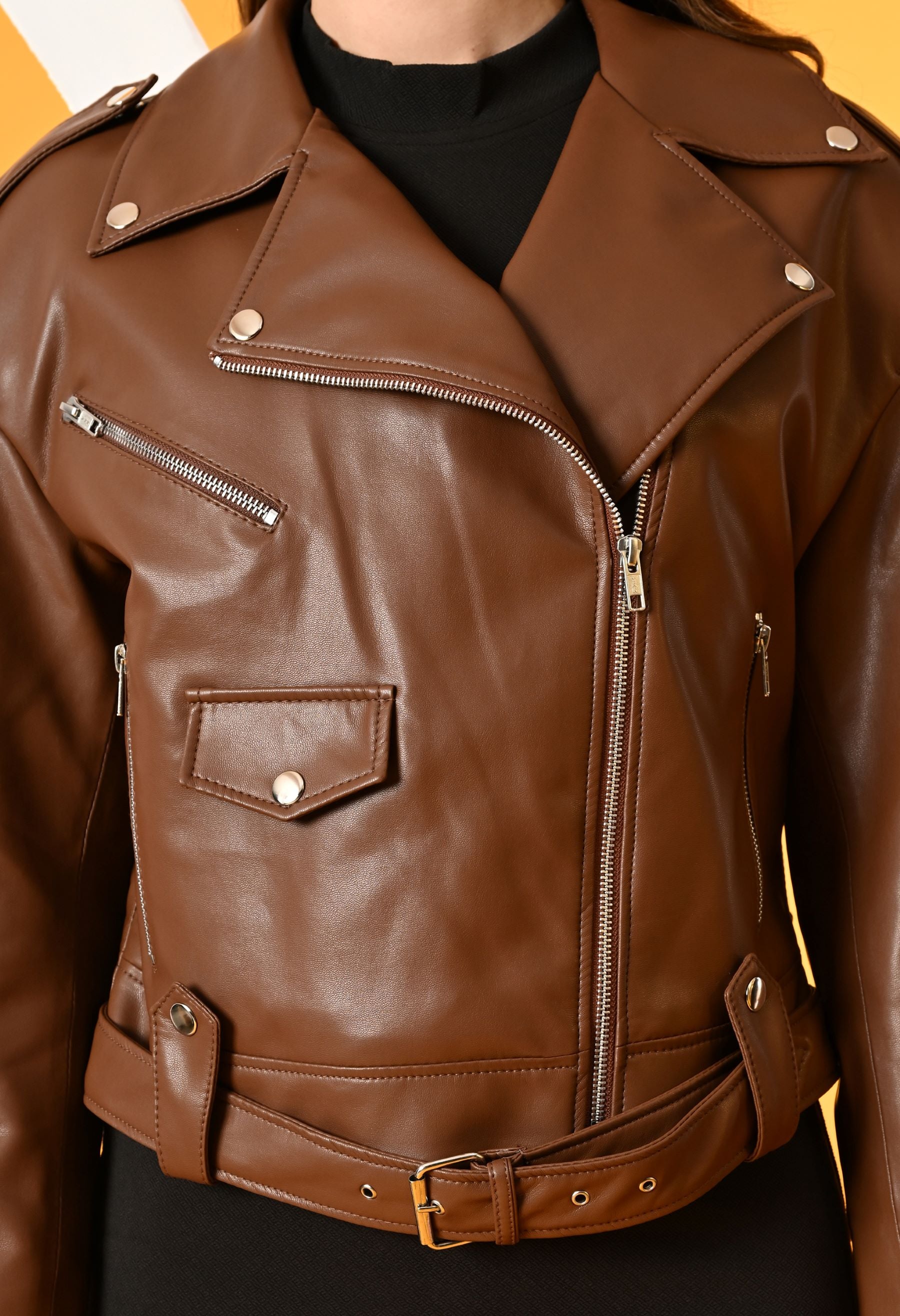 Washed Leather Water Resistant Crop Outdoor Tan Tailored Jacket