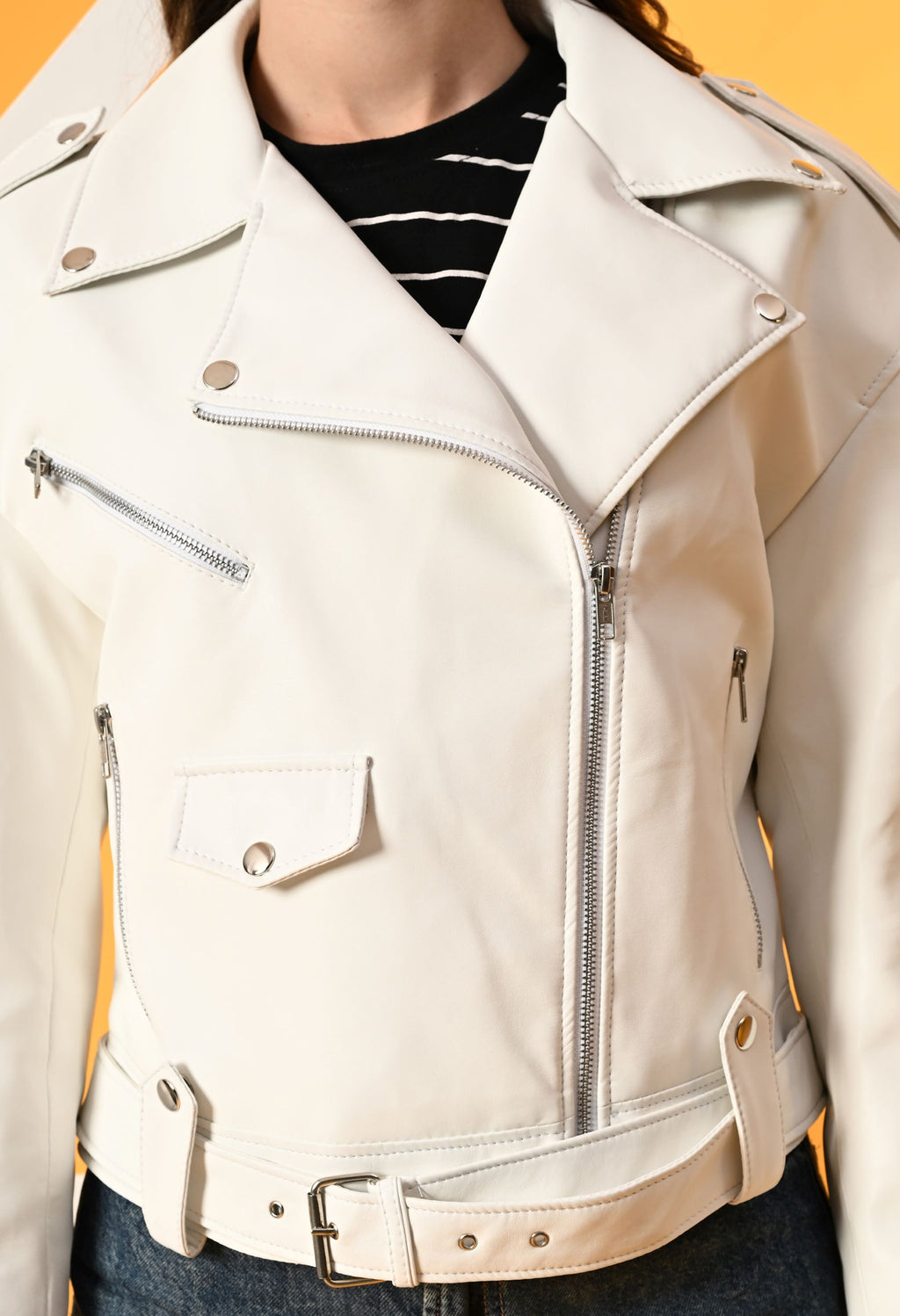 Washed Leather Water Resistant Crop Outdoor White Tailored Jacket