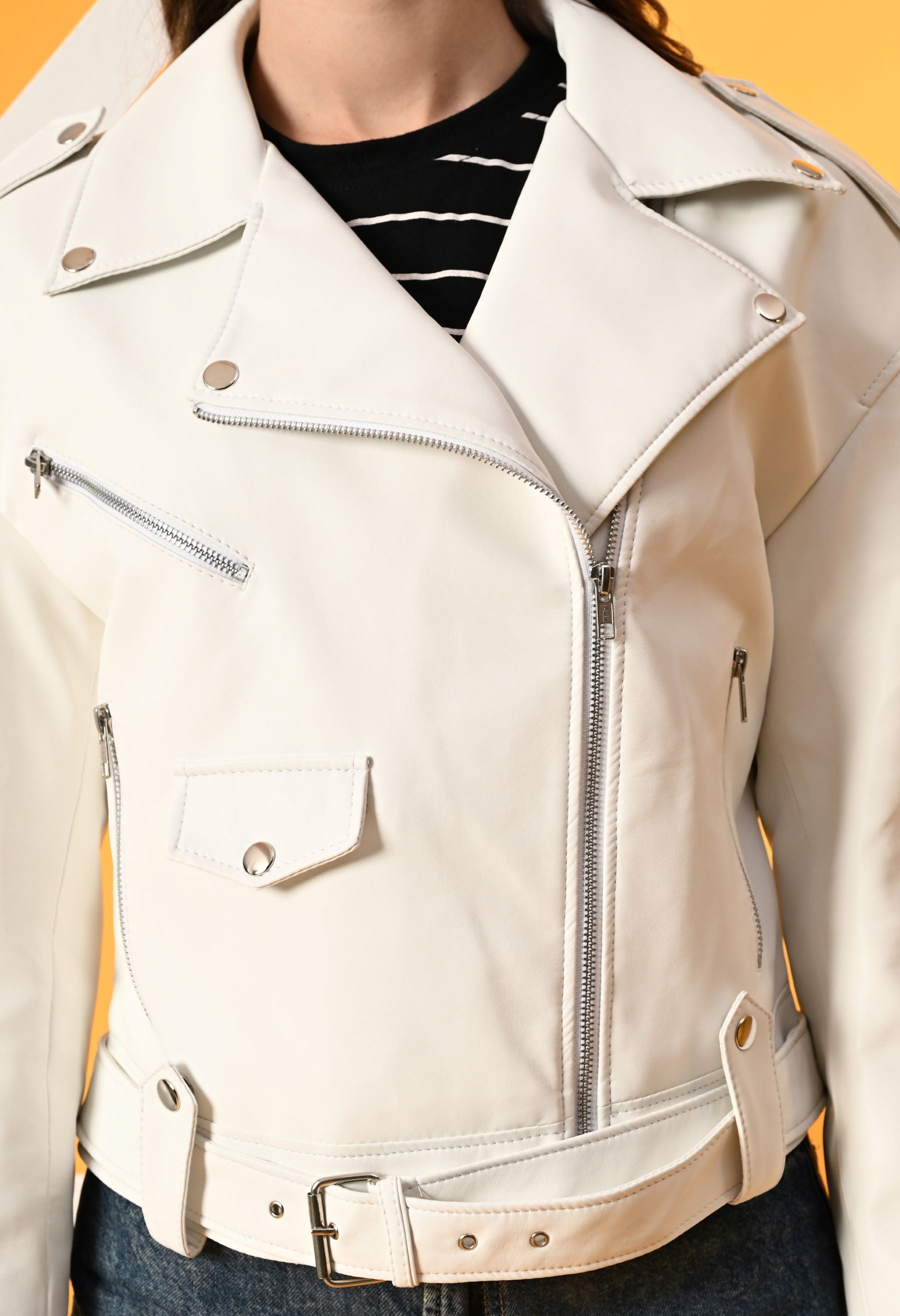 Washed Leather Water Resistant Crop Outdoor White Tailored Jacket