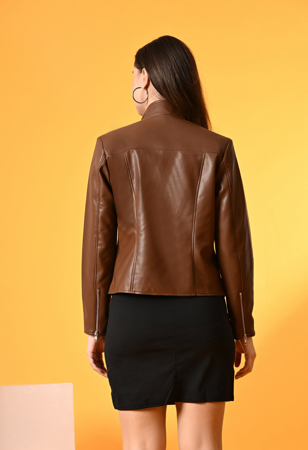 Women Mock Collar Solid Water Resistant Biker Jacket