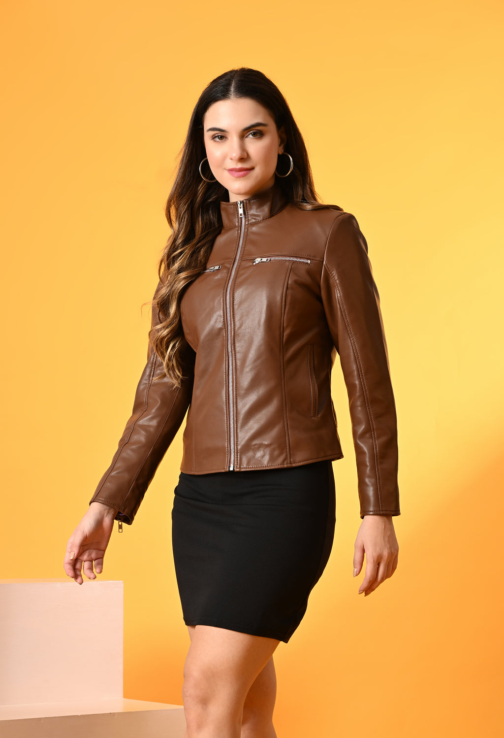 Women Mock Collar Solid Water Resistant Biker Jacket