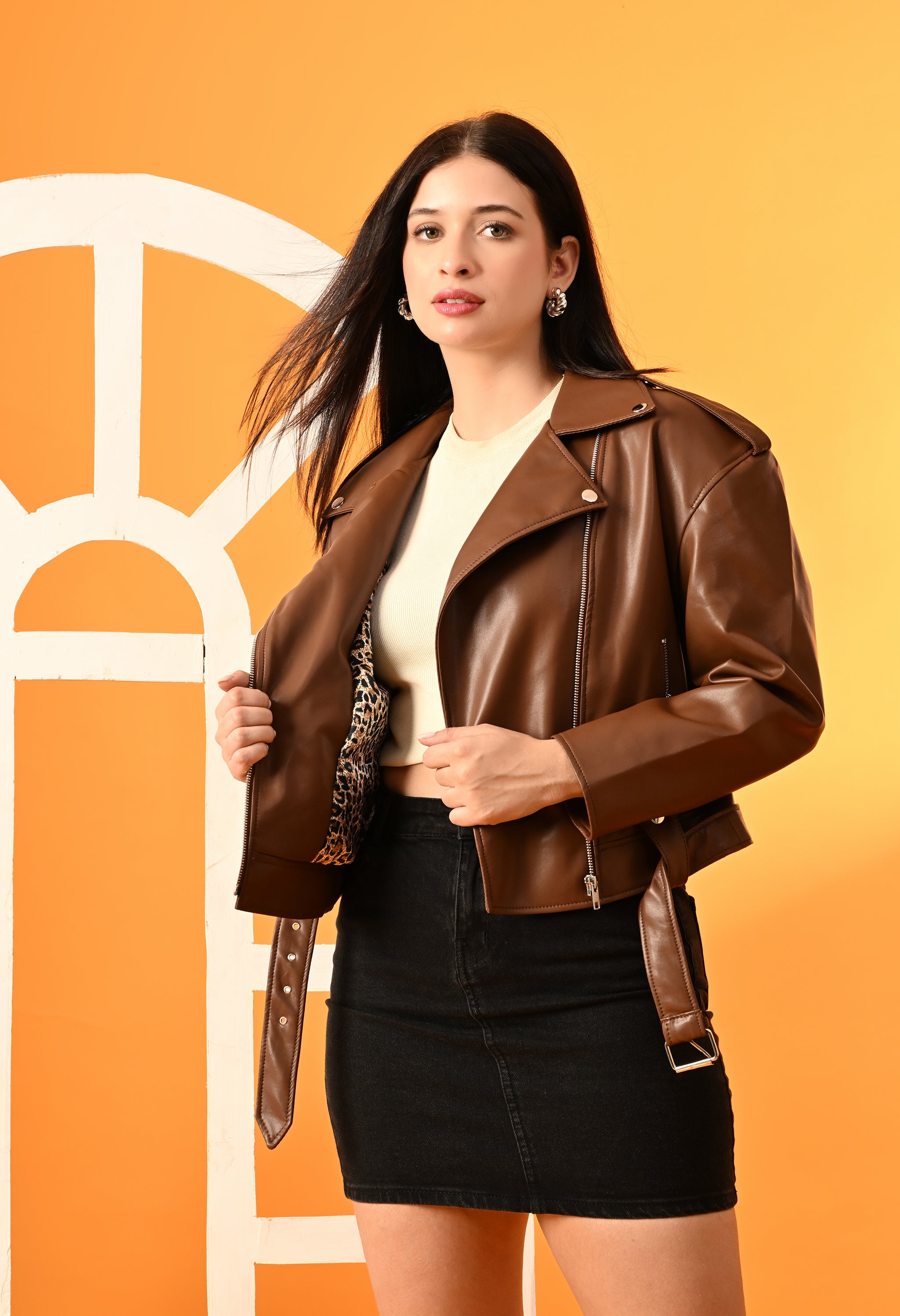 Washed Leather Water Resistant Crop Oversized Tan Jacket