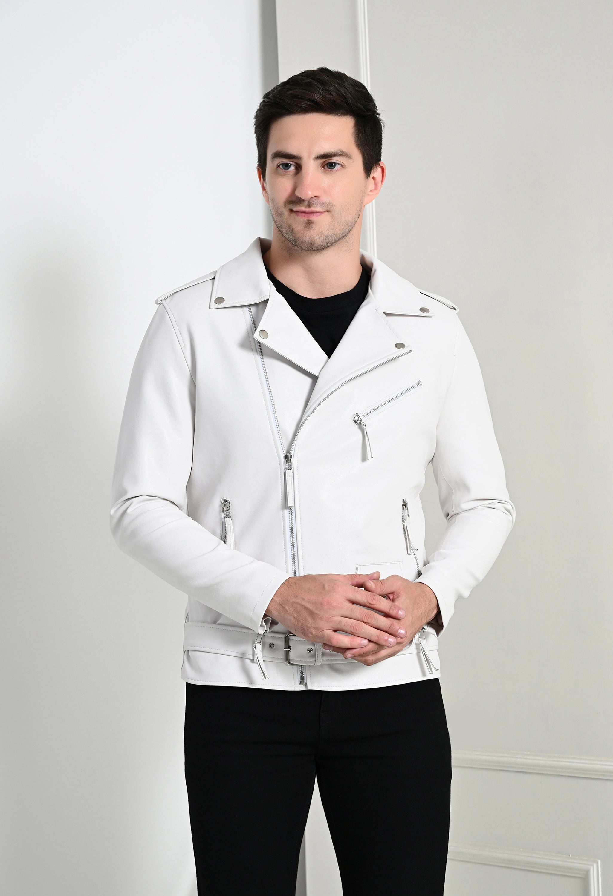 Men Lapel Collar Solid Casual White Biker Jacket