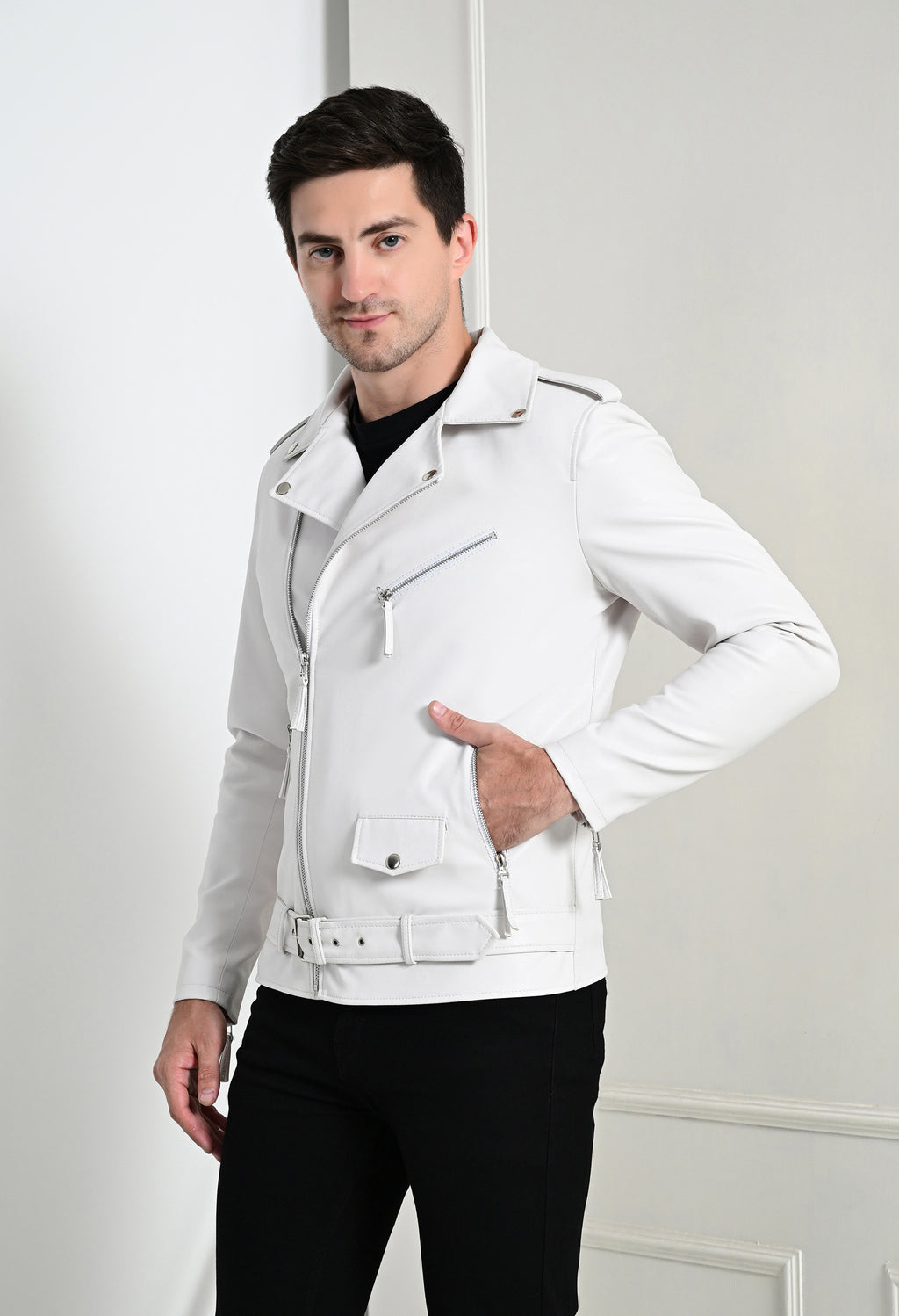 Men Lapel Collar Solid Casual White Biker Jacket