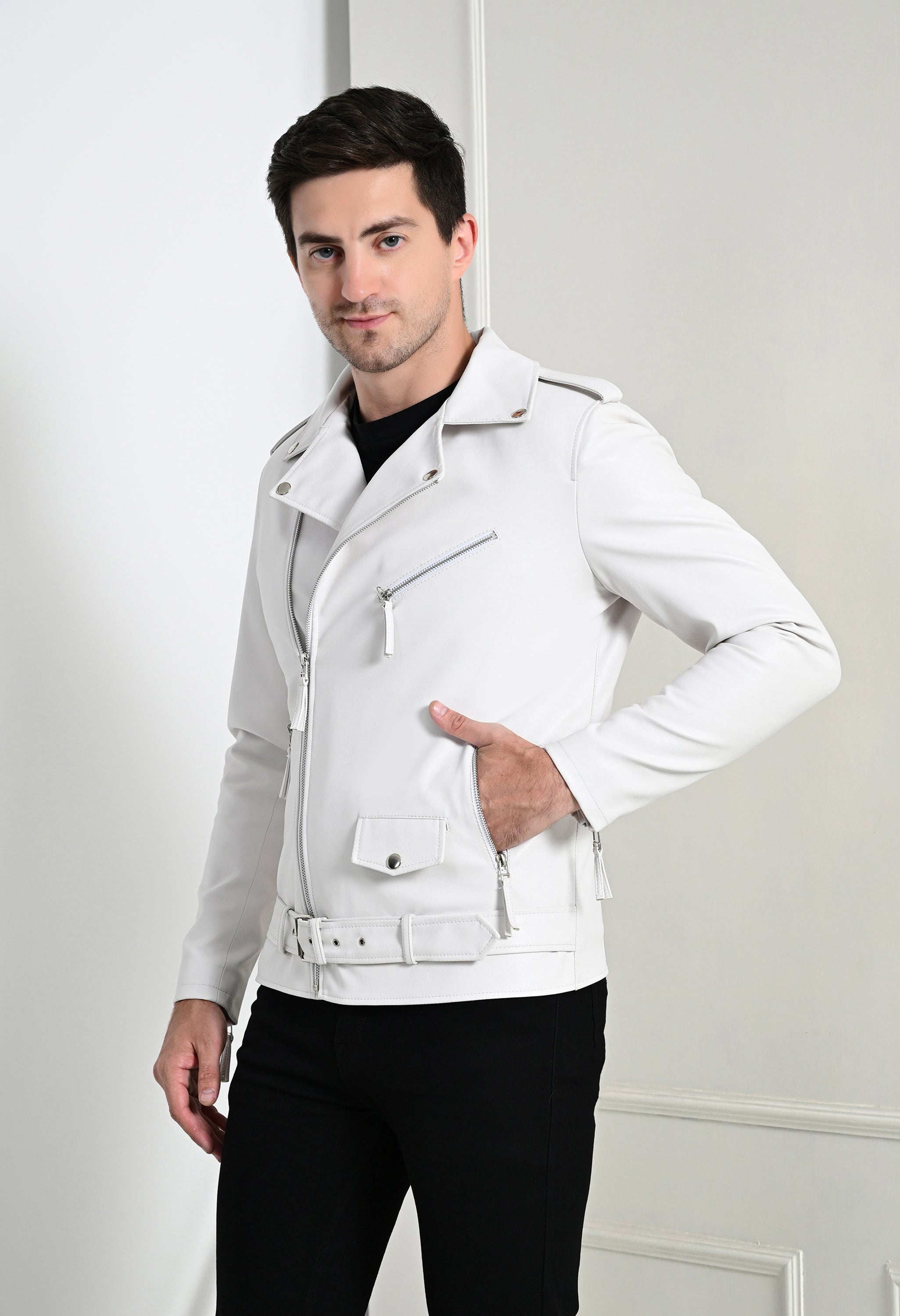 Men Lapel Collar Solid Casual White Biker Jacket