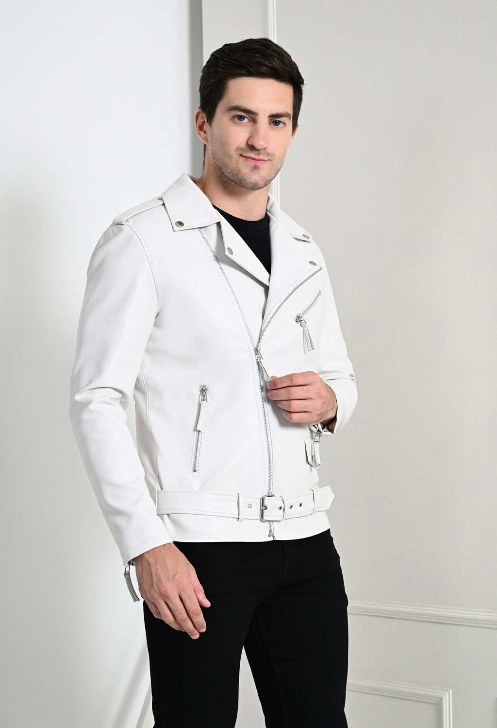 Men Lapel Collar Solid Casual White Biker Jacket
