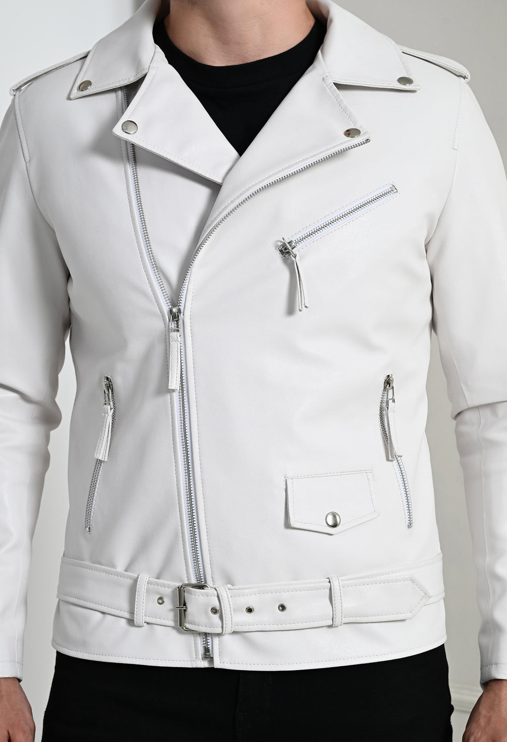 Men Lapel Collar Solid Casual White Biker Jacket