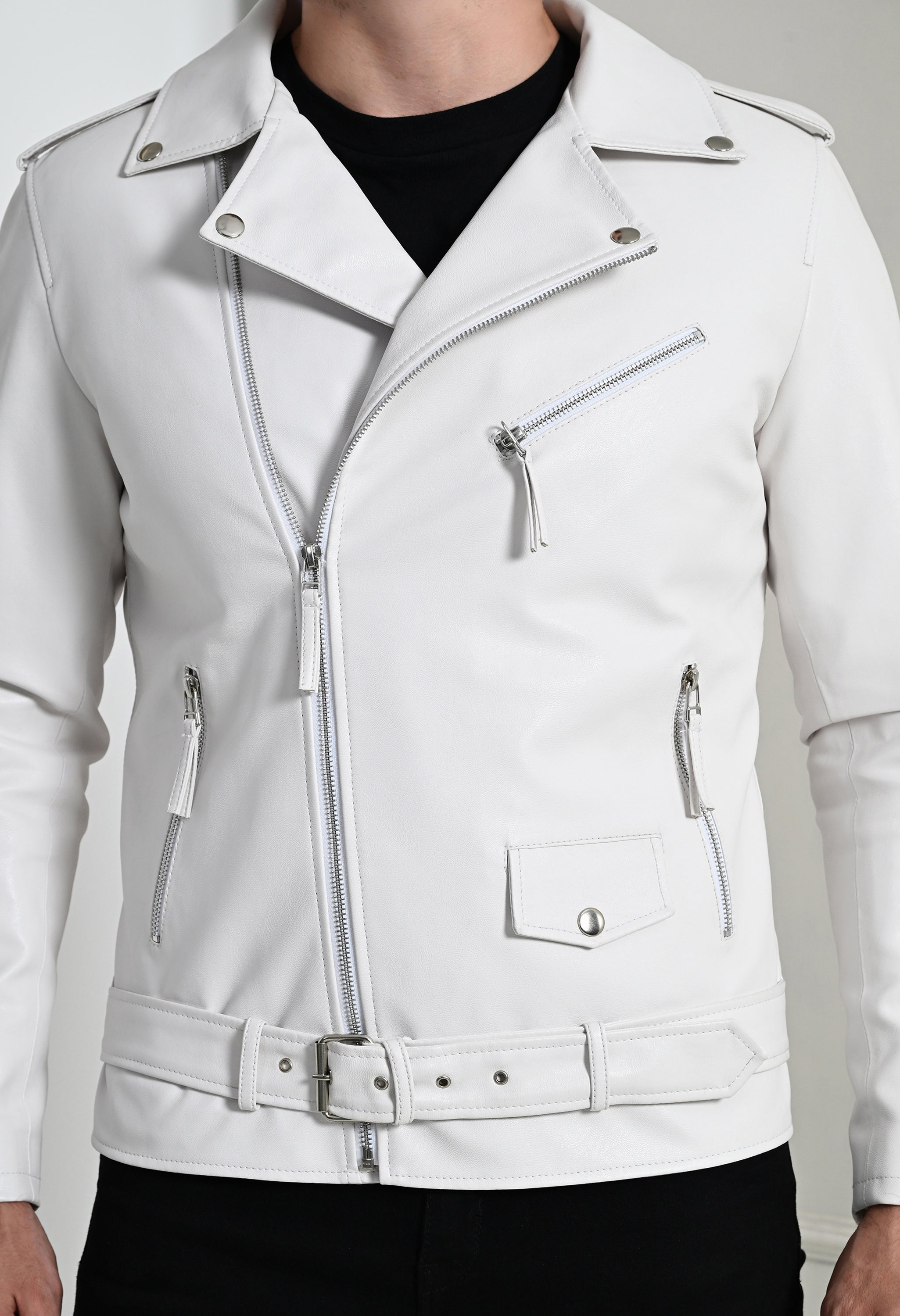 Men Lapel Collar Solid Casual White Biker Jacket