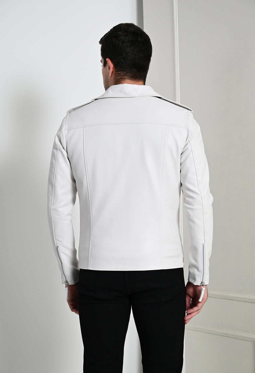 Men Lapel Collar Solid Casual White Biker Jacket