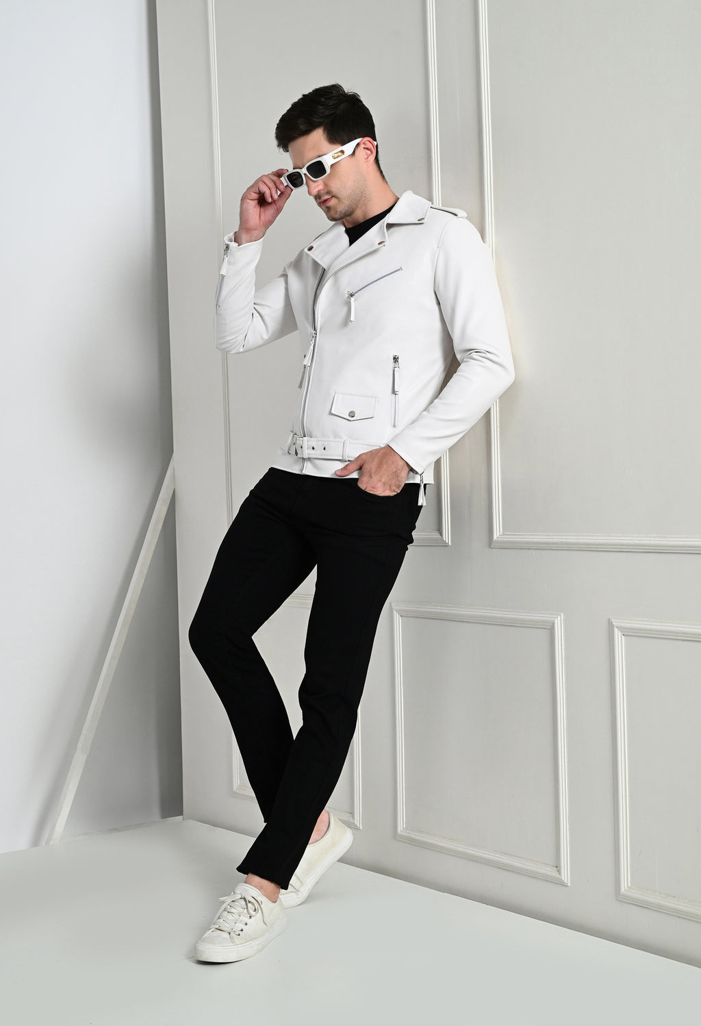 Men Lapel Collar Solid Casual White Biker Jacket