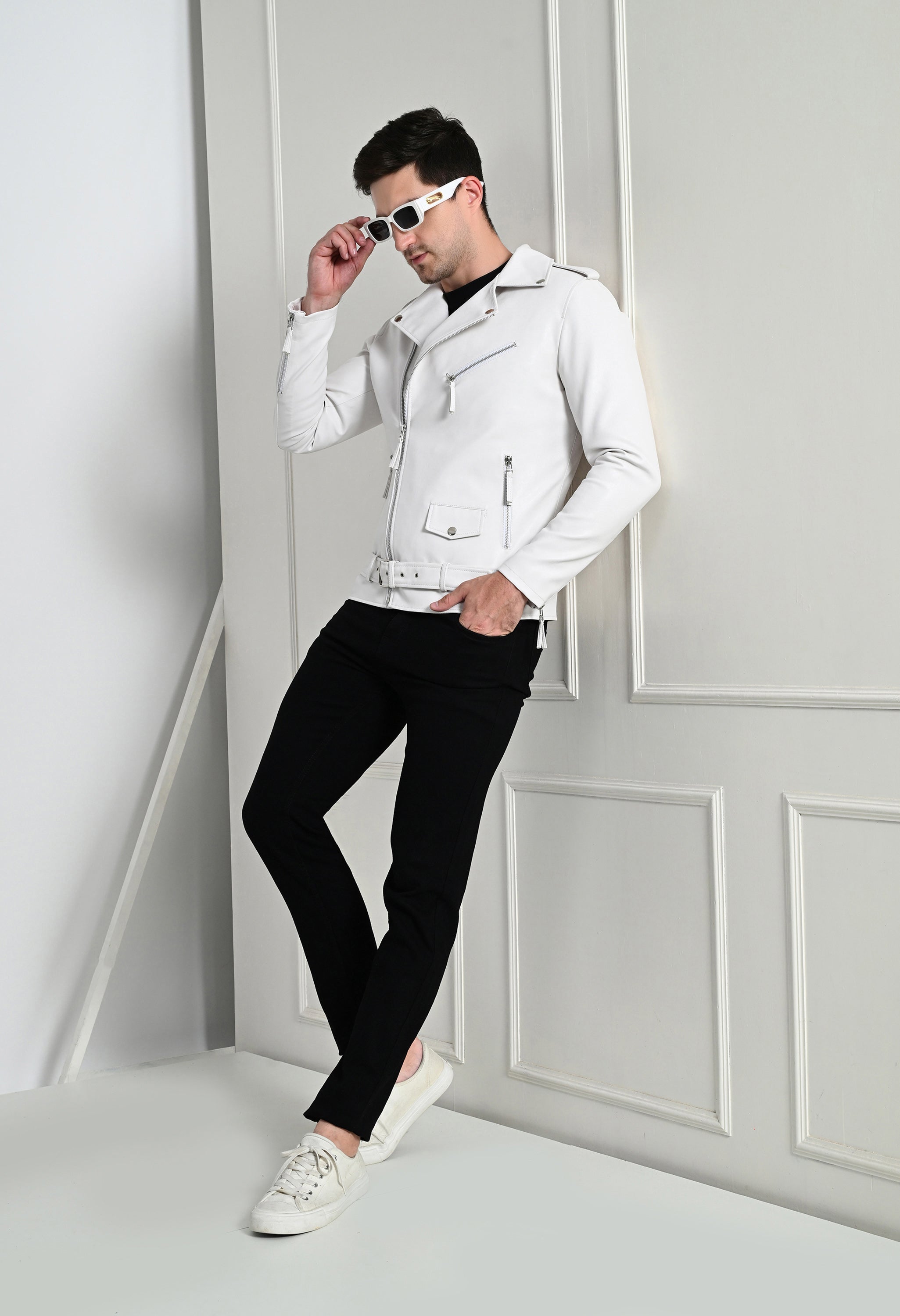 Men Lapel Collar Solid Casual White Biker Jacket