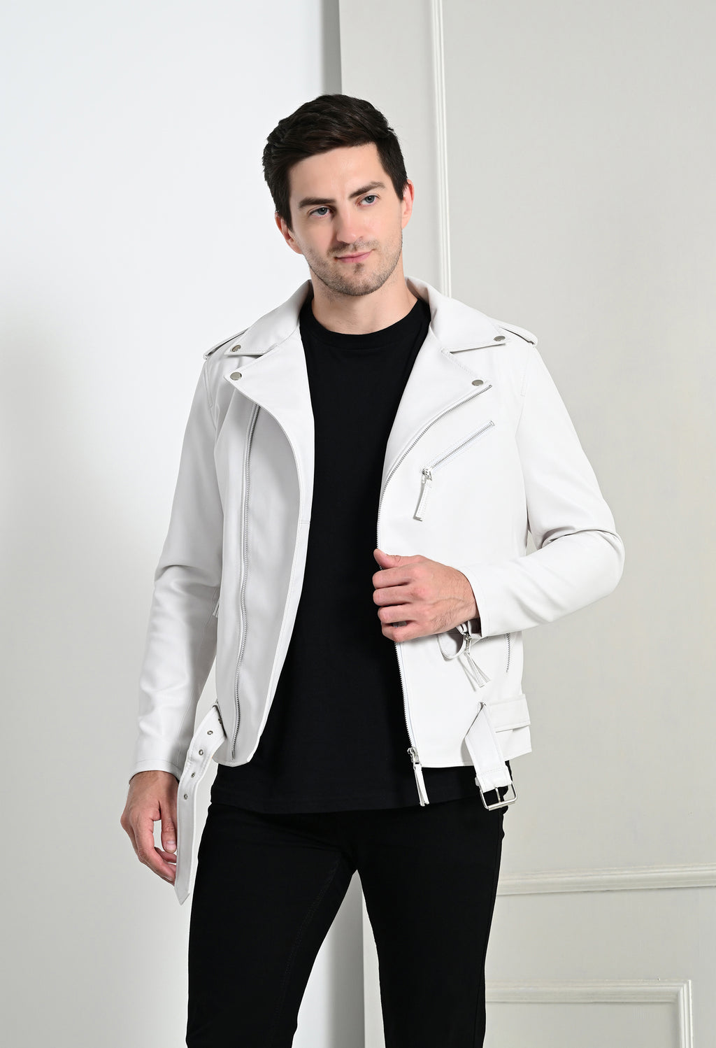 Men Lapel Collar Solid Casual White Biker Jacket