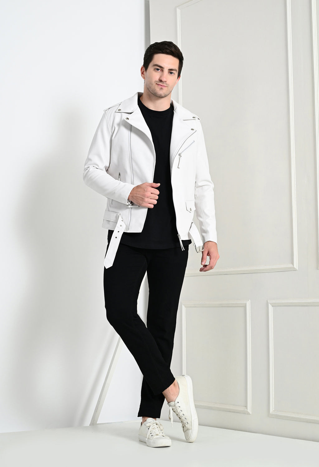 Men Lapel Collar Solid Casual White Biker Jacket