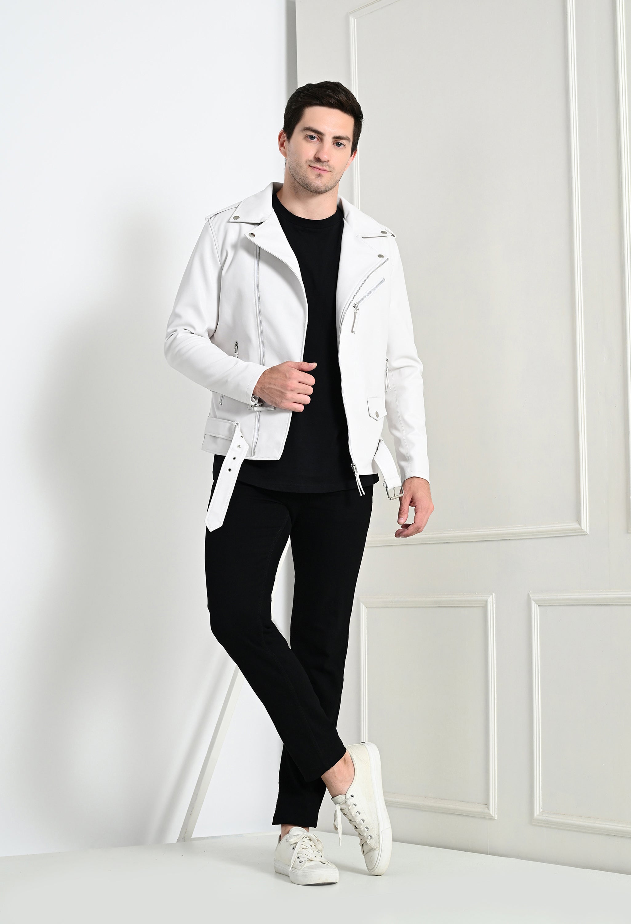Men Lapel Collar Solid Casual White Biker Jacket