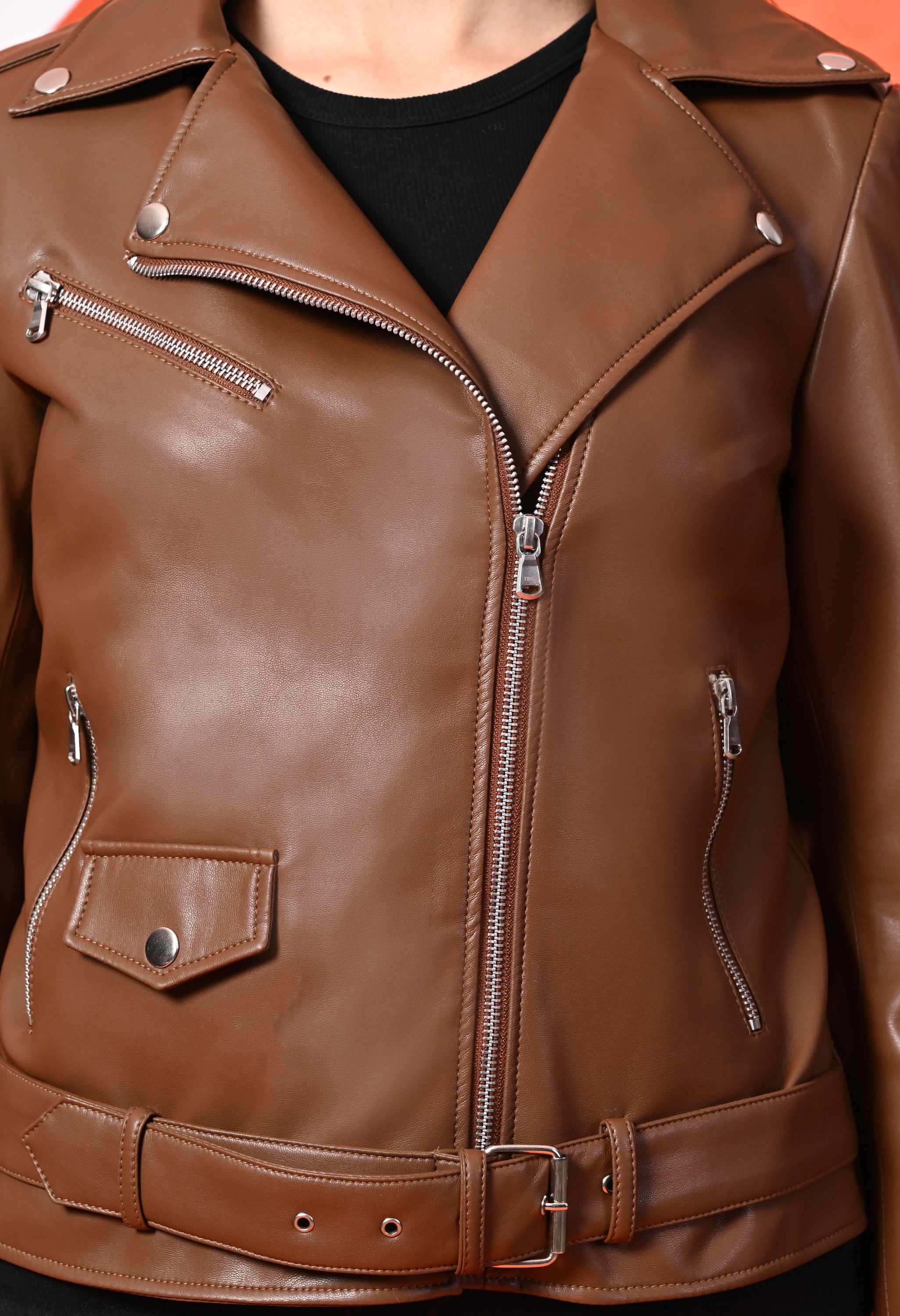 Women Lapel Collar Solid Casual Tan Leather Jacket