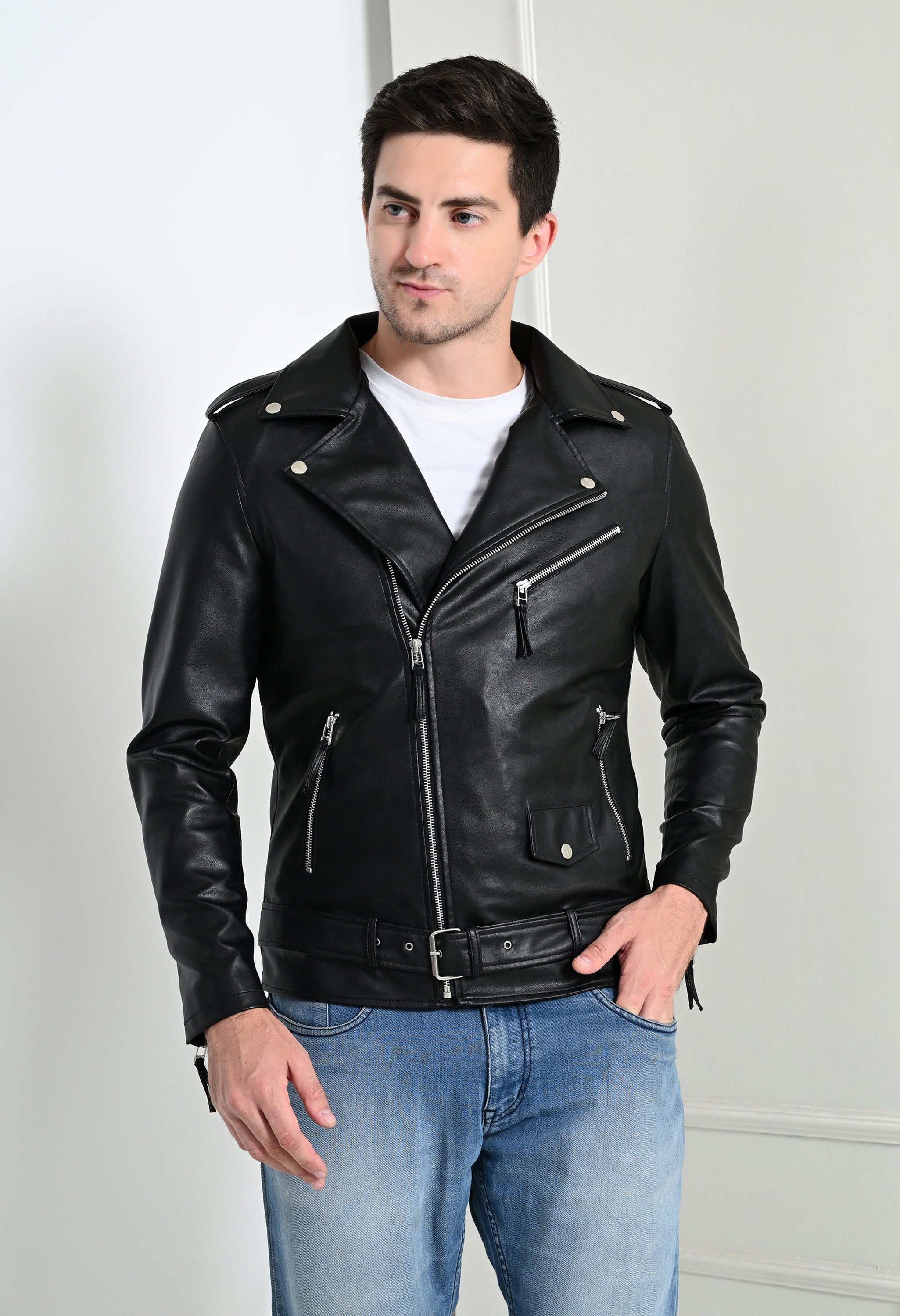 Men Lapel Collar Solid Casual Black Biker Jacket