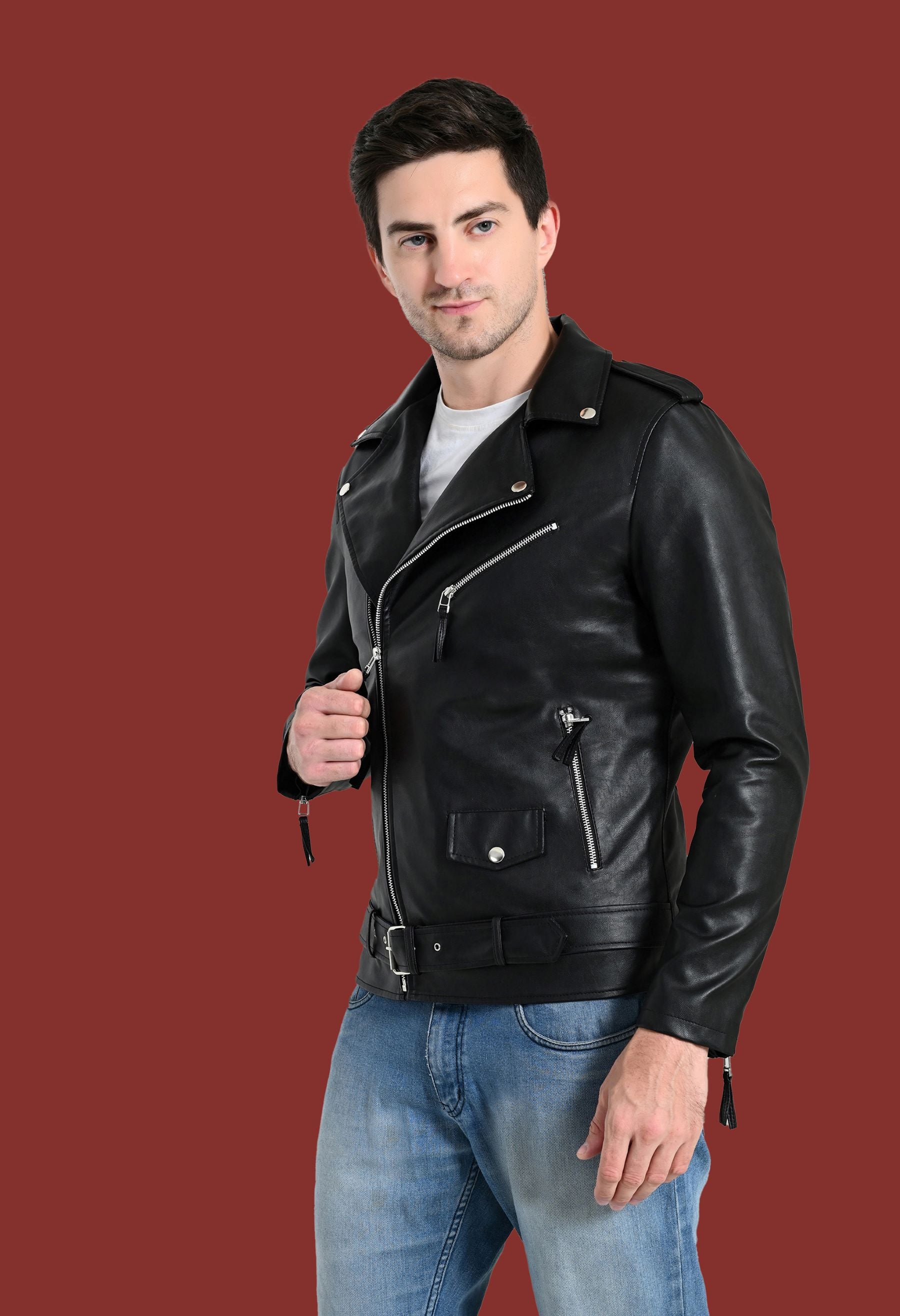 Men Lapel Collar Solid Casual Black Biker Jacket