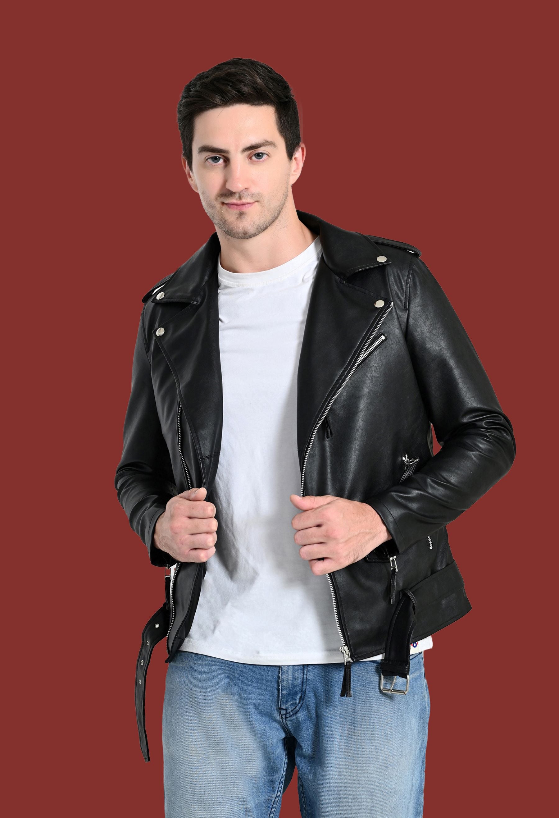 Men Lapel Collar Solid Casual Black Biker Jacket