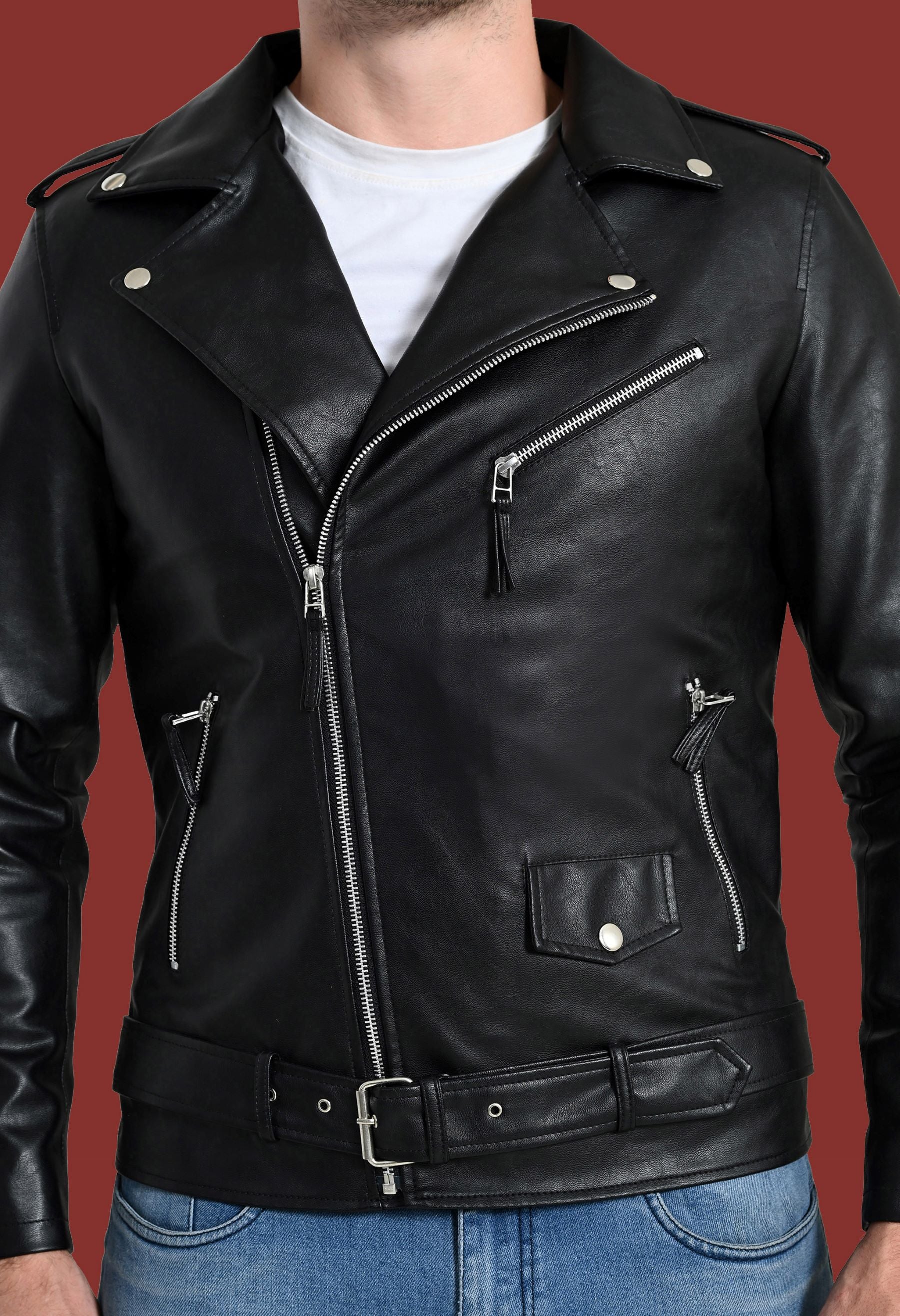 Men Lapel Collar Solid Casual Black Biker Jacket