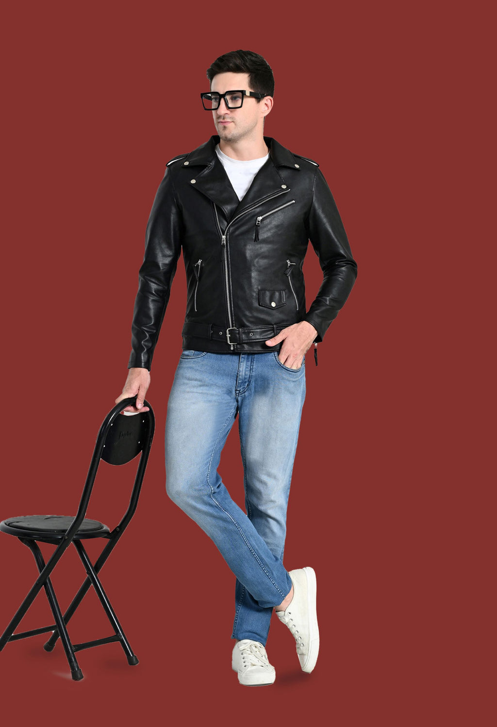 Men Lapel Collar Solid Casual Black Biker Jacket