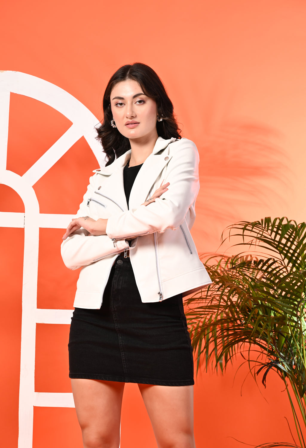 Women Lapel Collar Solid Casual White Leather Jacket