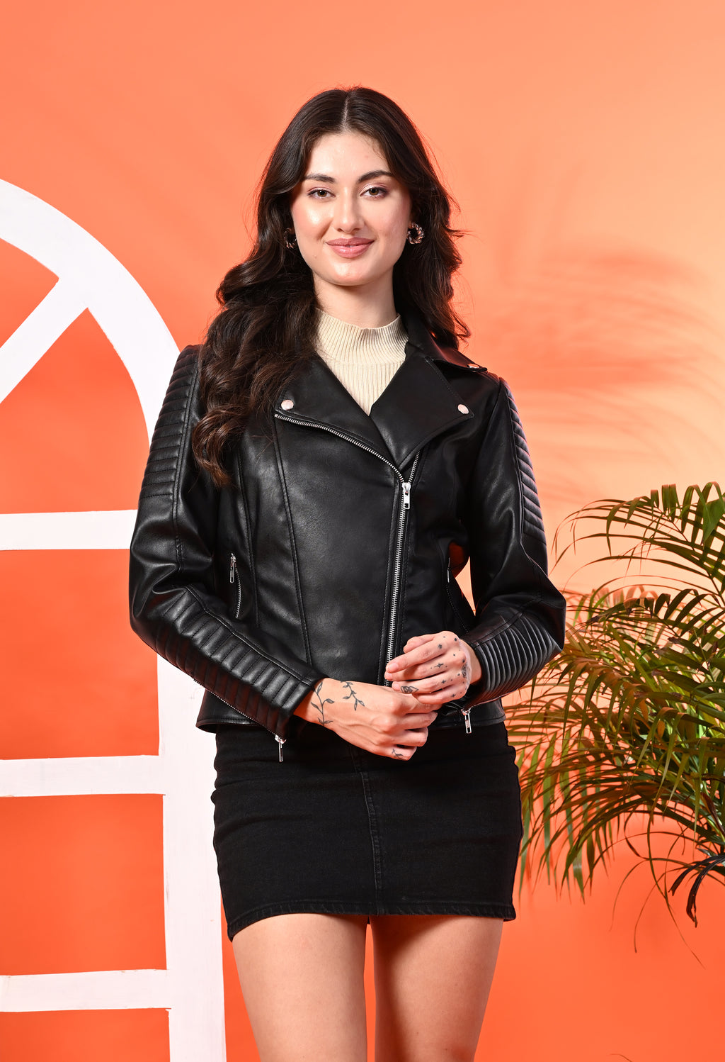 Women Lapel Collar Solid Casual Leather Black Jacket