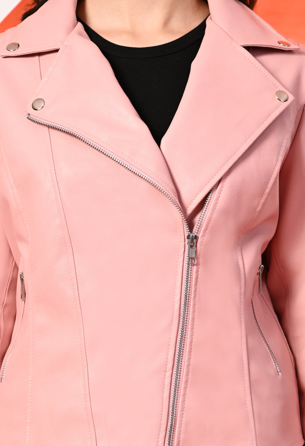 Women Lapel Collar Solid Casual Leather Pink Jacket