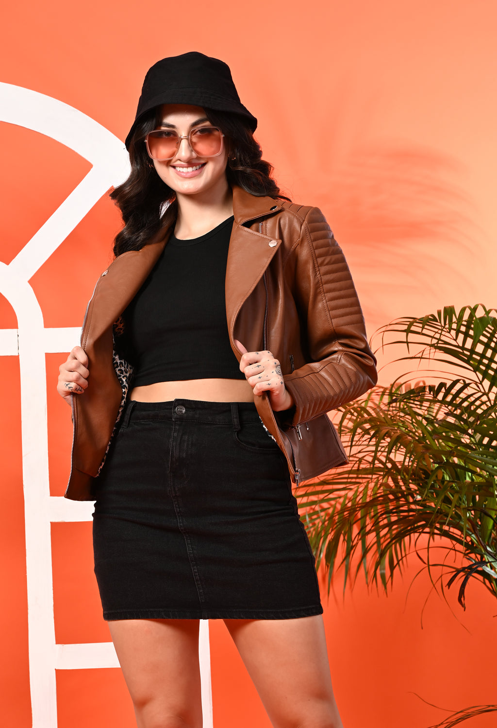 Women Lapel Collar Solid Casual Leather Tan Jacket