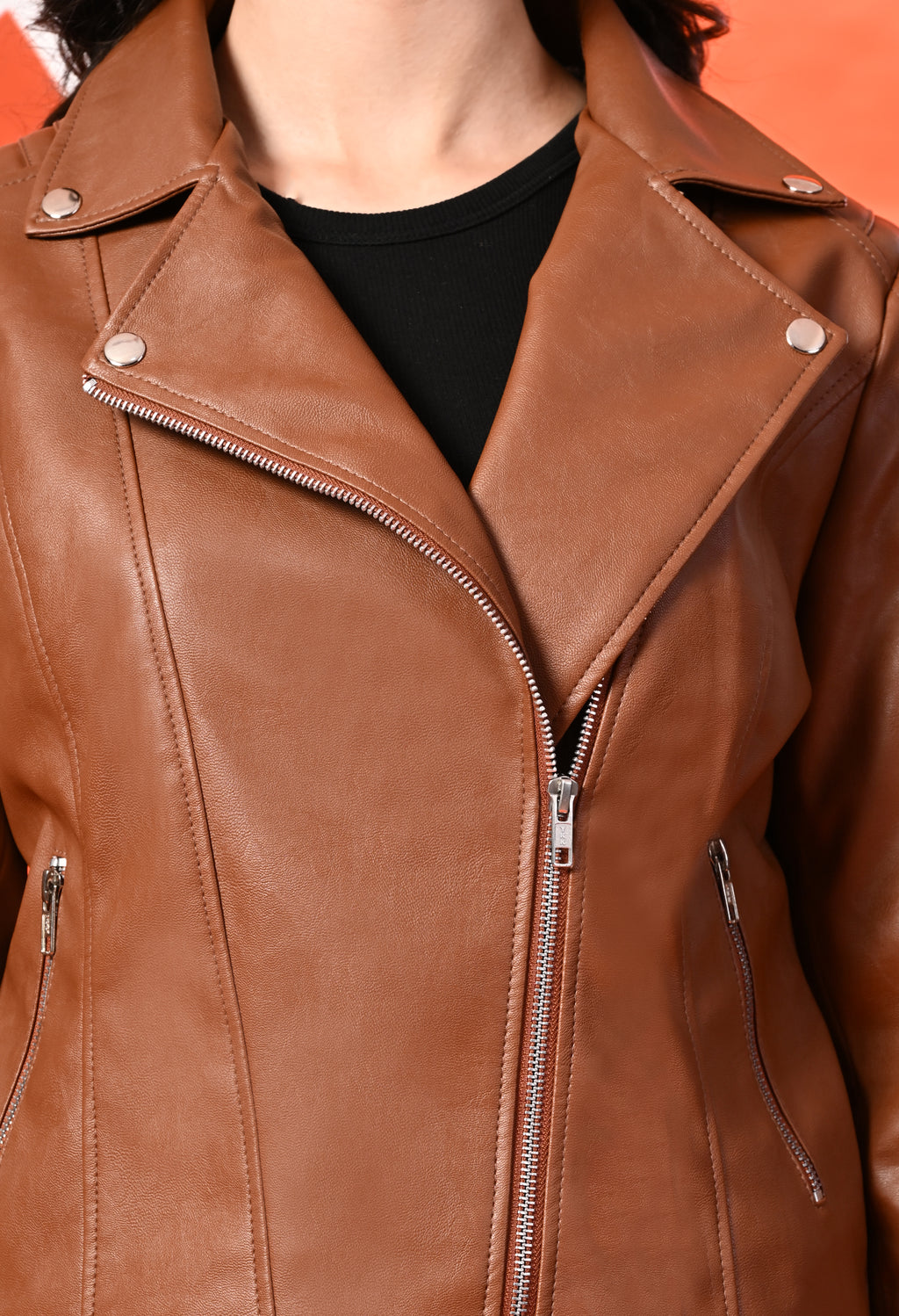 Women Lapel Collar Solid Casual Leather Tan Jacket