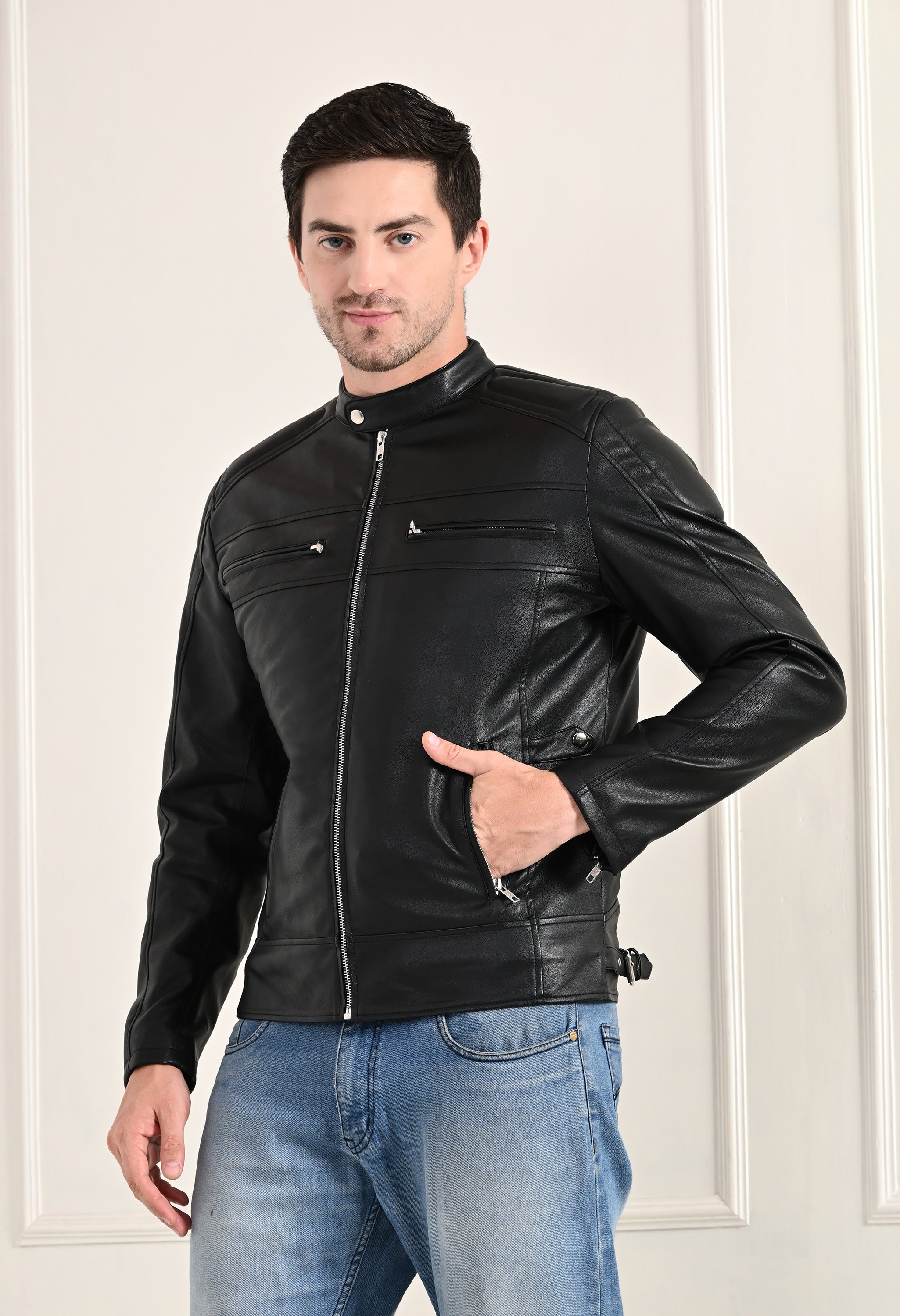 Mandarin Collar Long Sleeves Classic Look Lightweight Black Leather Jacket
