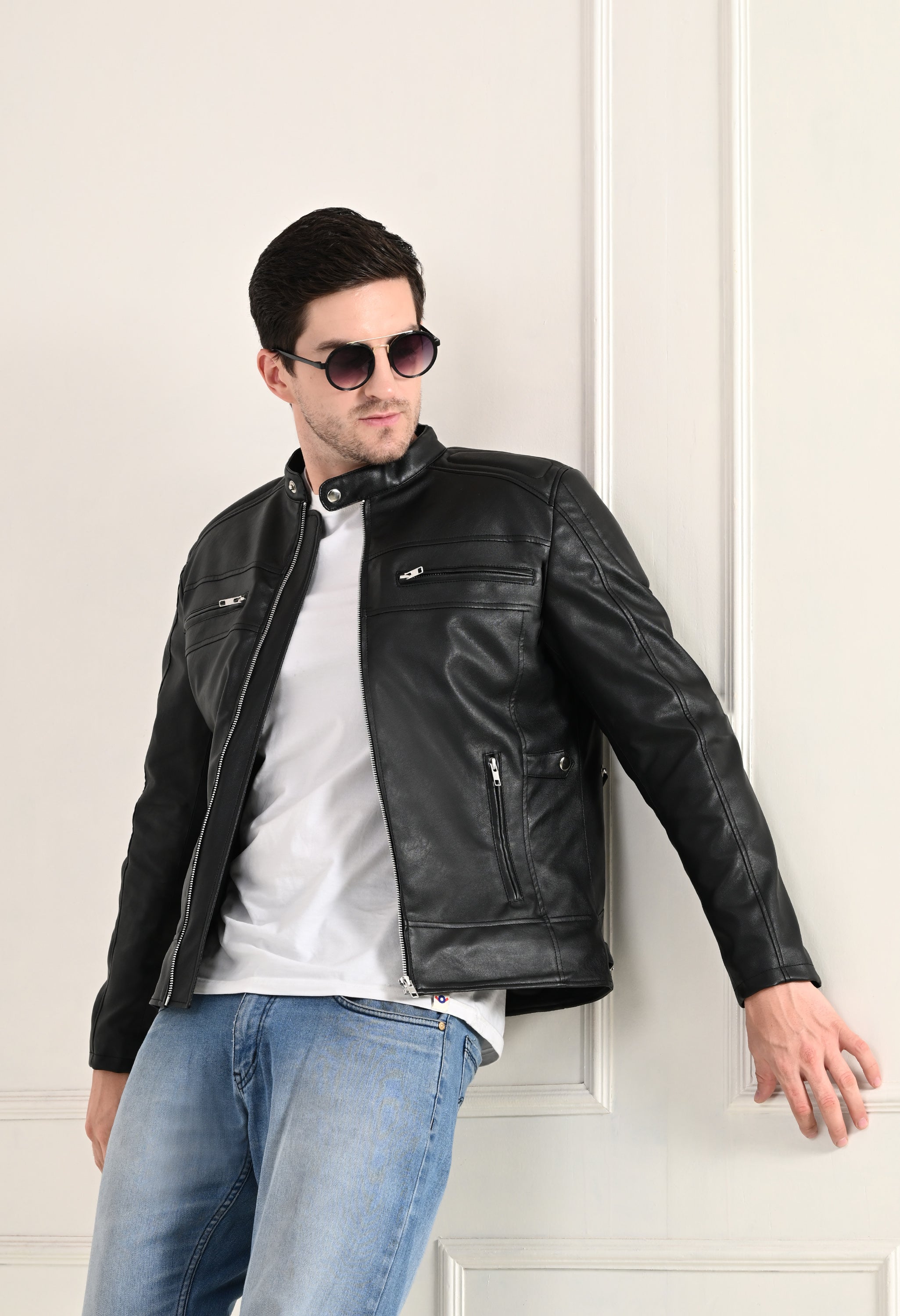 Mandarin Collar Long Sleeves Classic Look Lightweight Black Leather Jacket