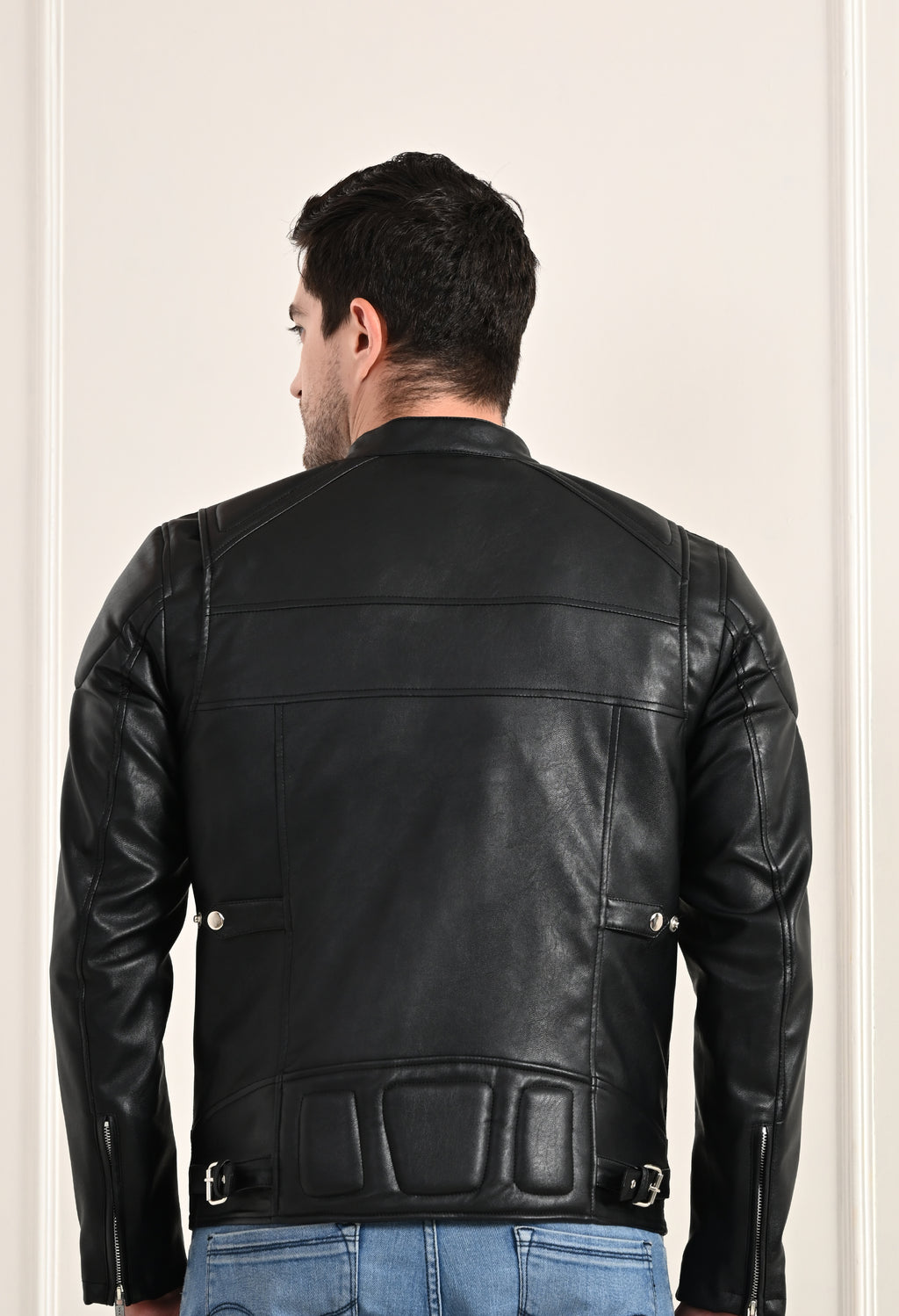 Mandarin Collar Long Sleeves Classic Look Lightweight Black Leather Jacket