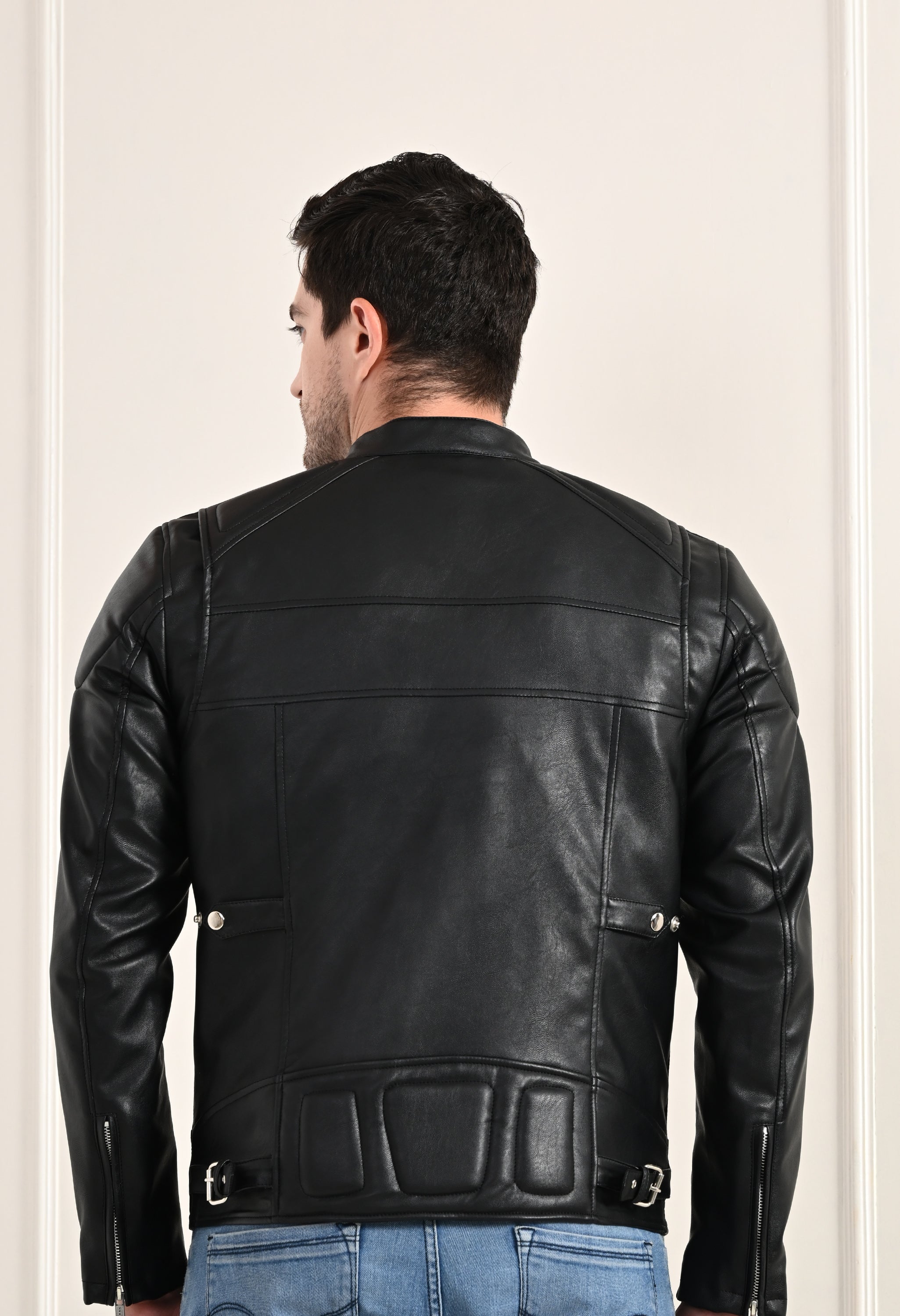 Mandarin Collar Long Sleeves Classic Look Lightweight Black Leather Jacket
